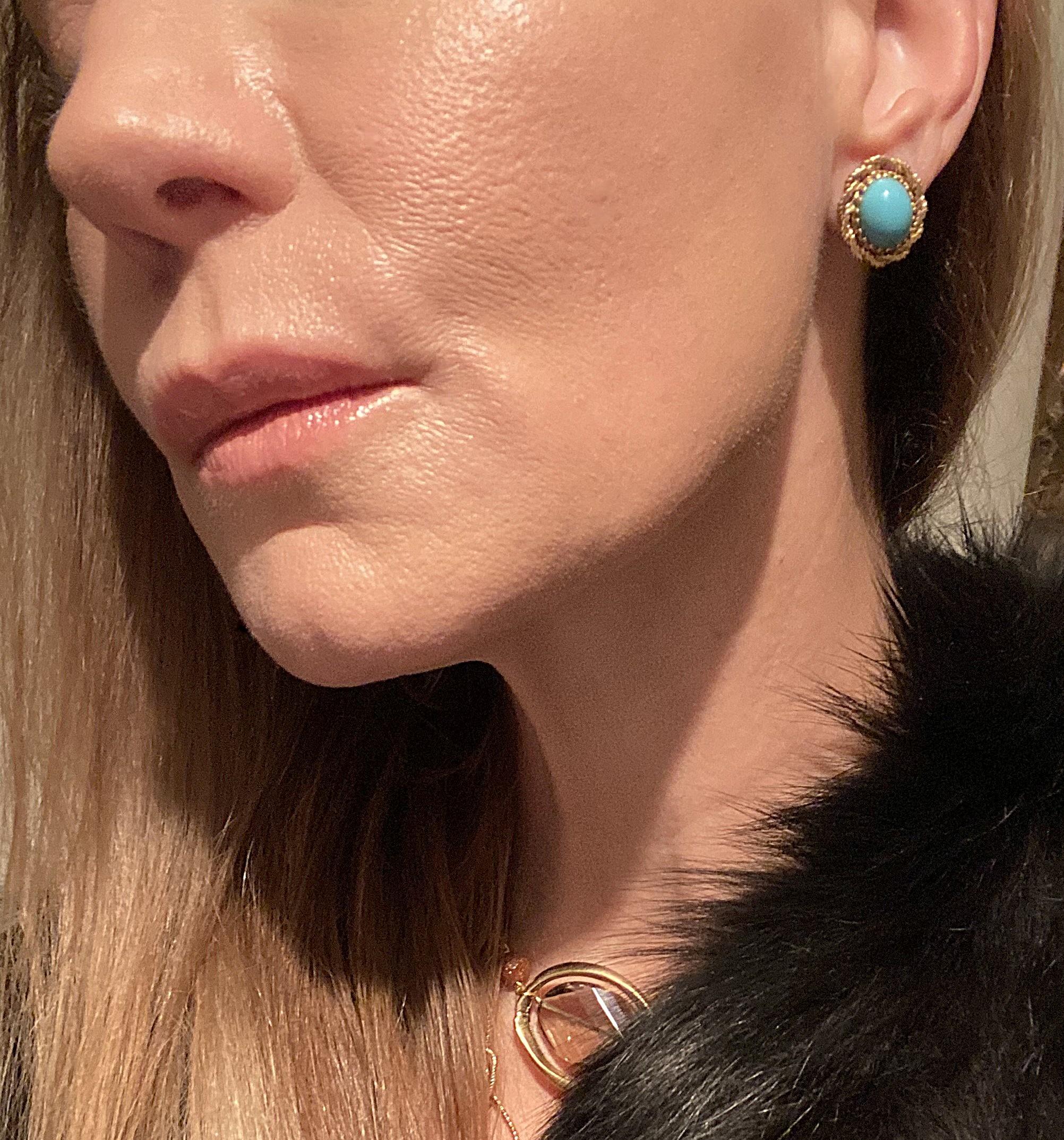 Oval Cut Turquoise and Gold Earrings with Rope Design For Sale