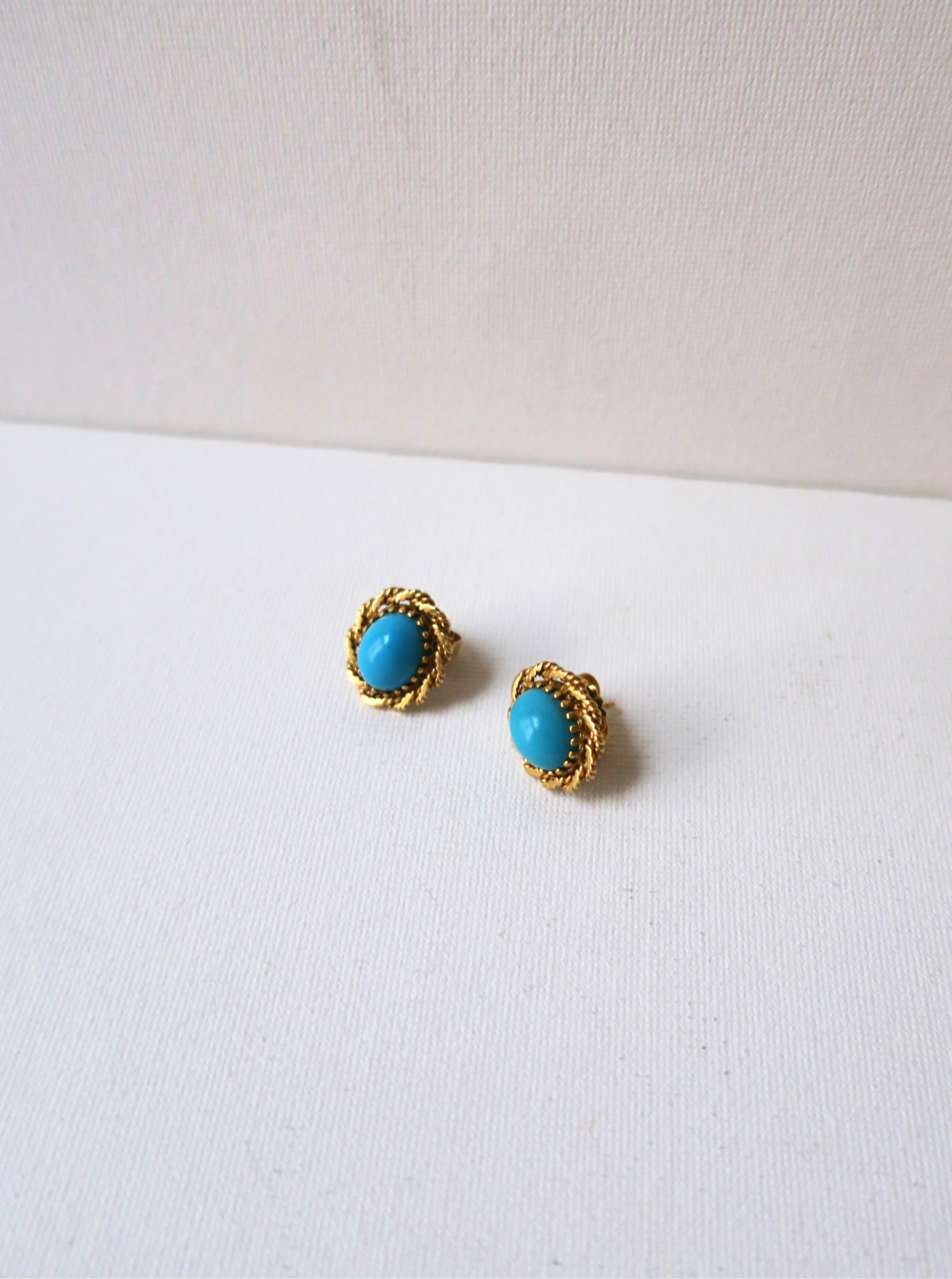 Turquoise and Gold Earrings with Rope Design For Sale 1