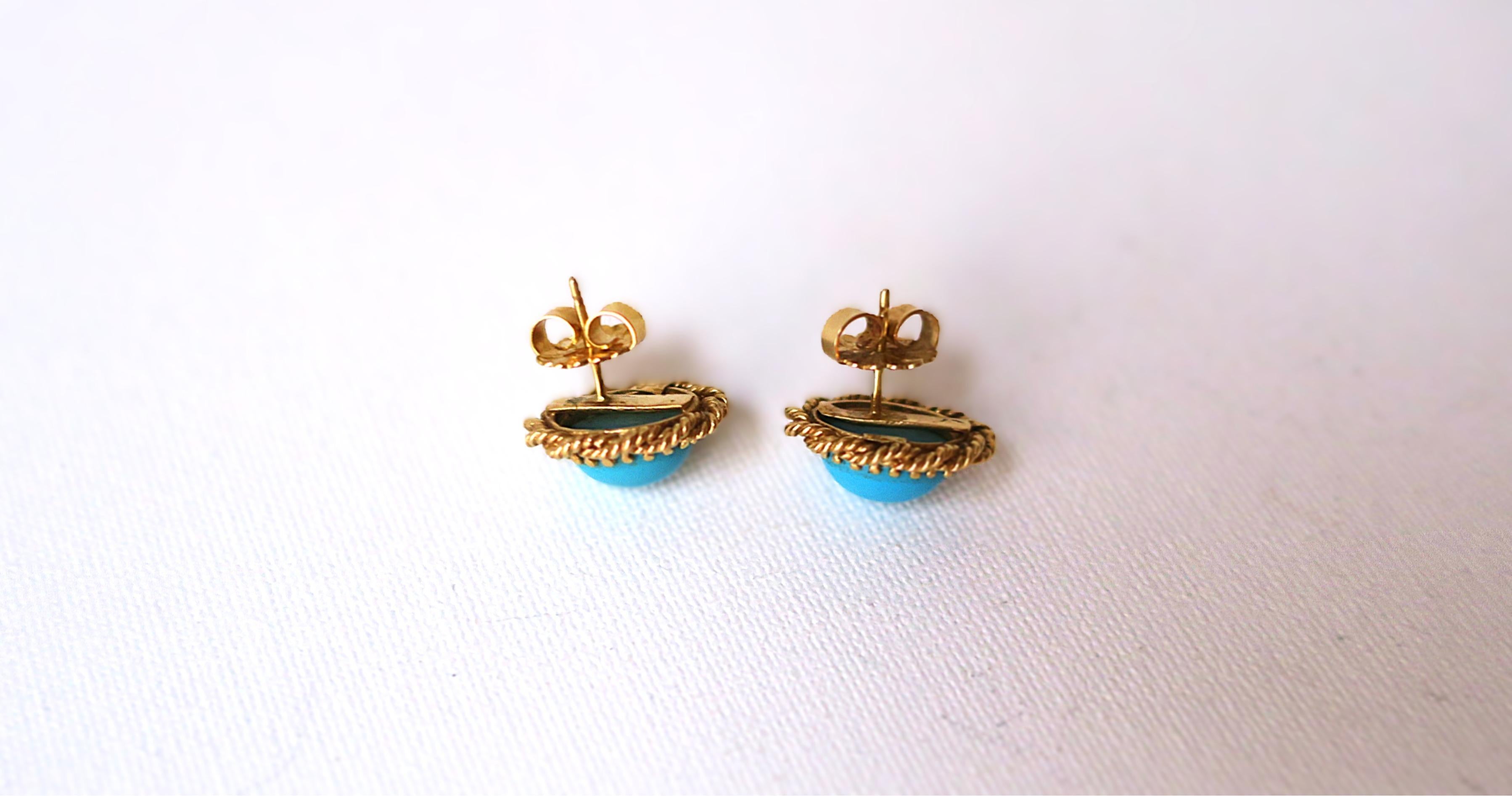 Turquoise and Gold Earrings with Rope Design For Sale 5