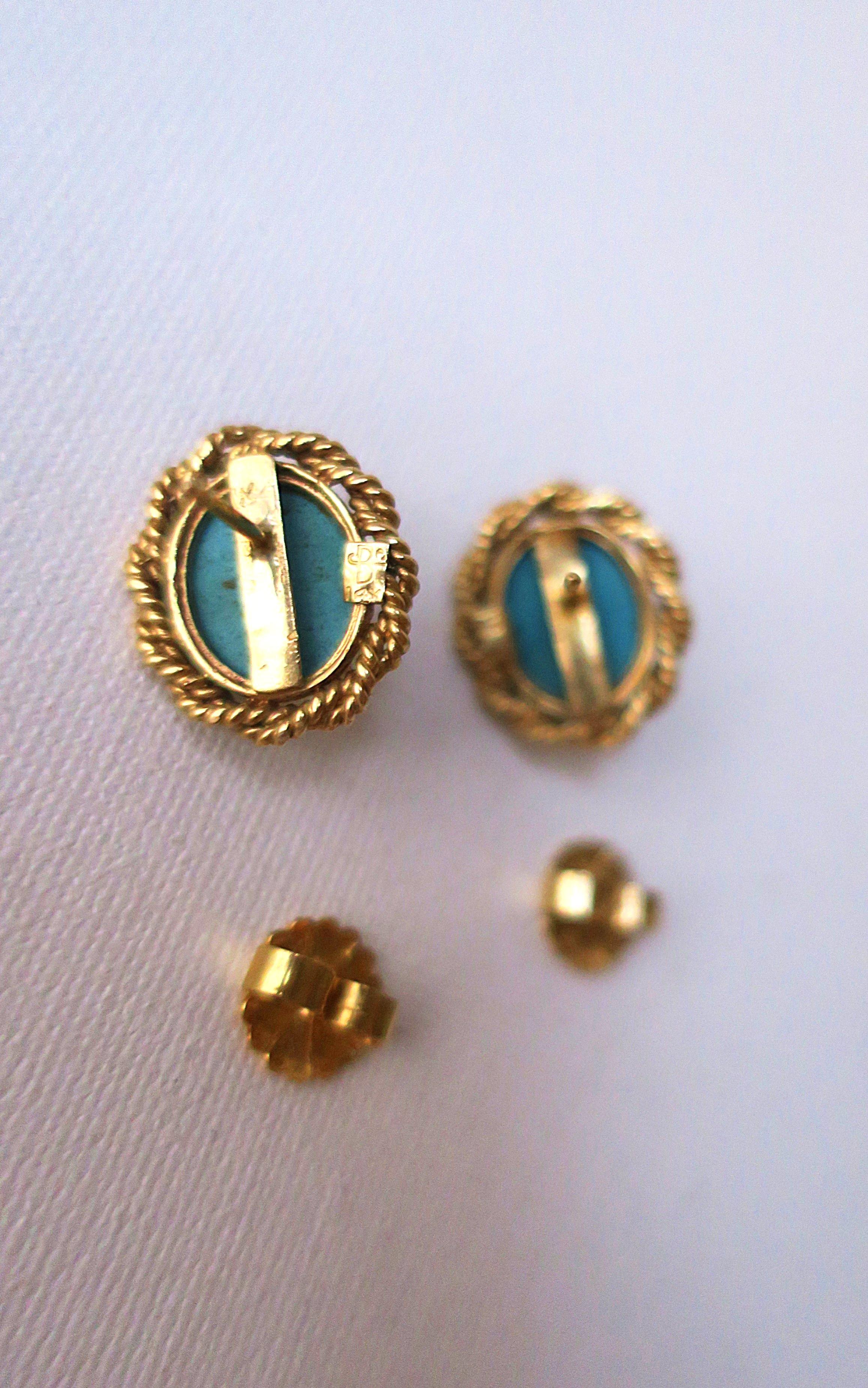 Turquoise and Gold Earrings with Rope Design For Sale 7