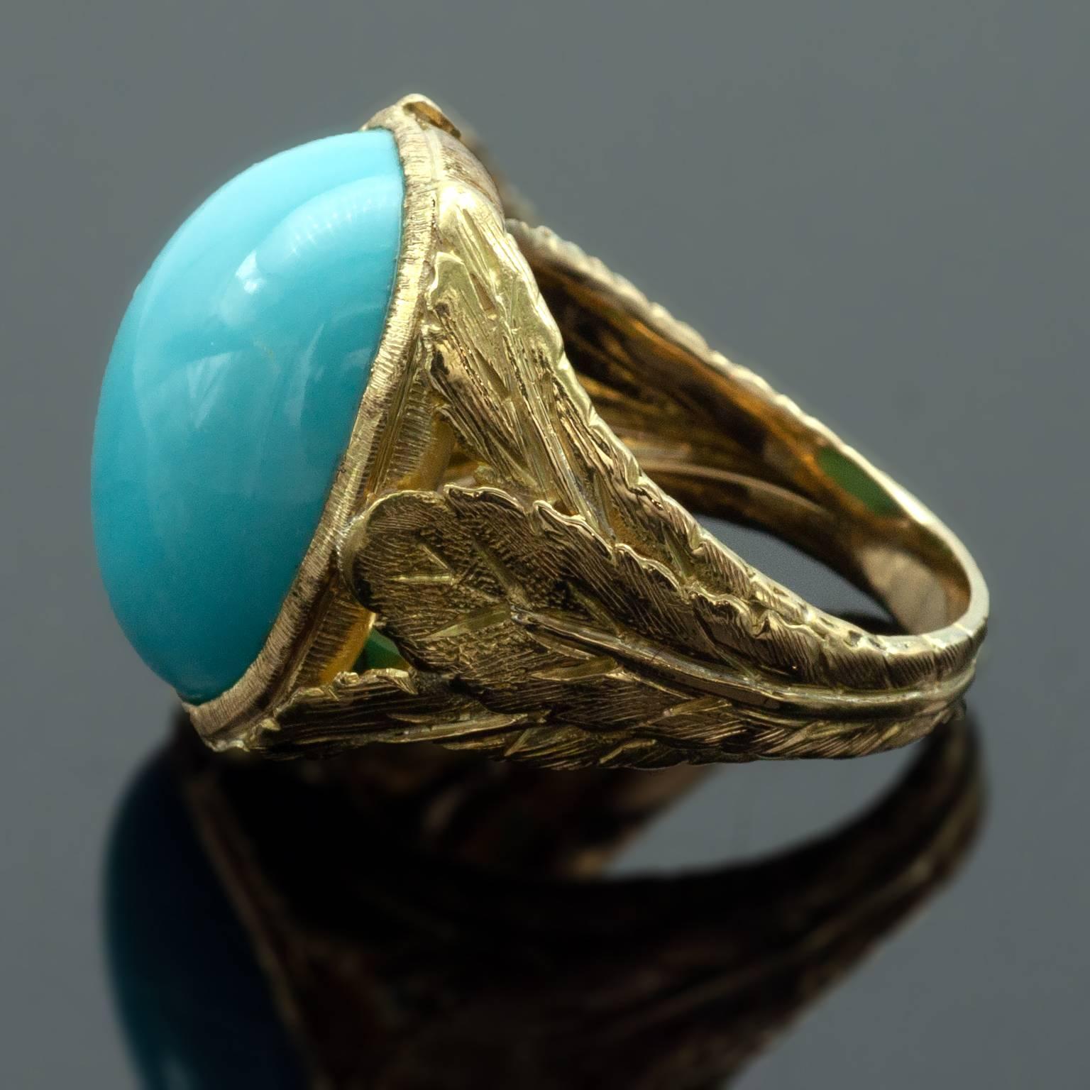Women's or Men's Turquoise and Gold Florentine Cocktail Ring