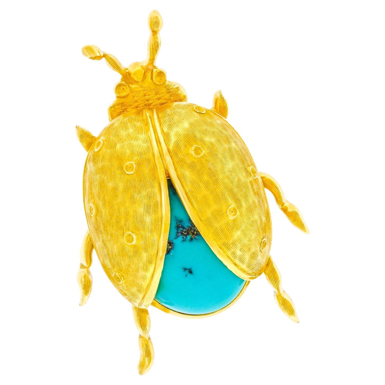 Turquoise and Gold Ladybug Brooch