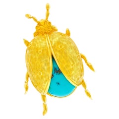 Retro Turquoise and Gold Ladybug Brooch