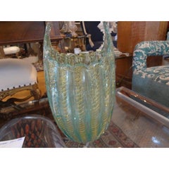 Turquoise and Gold Murano Glass Vase Attributed to Barovier & Toso