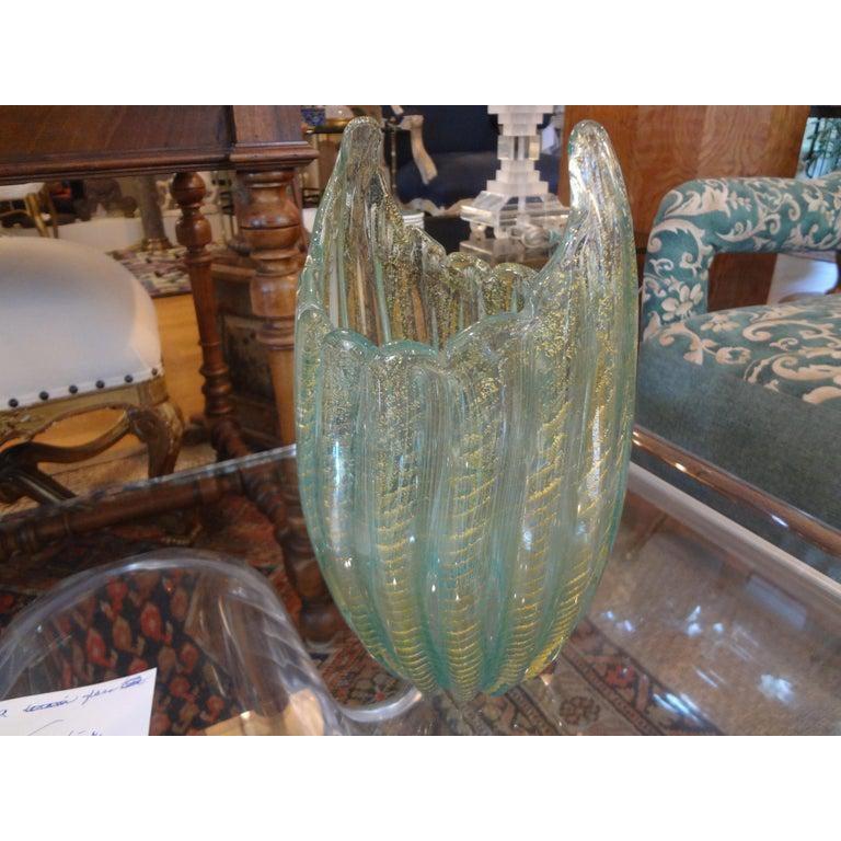 Blown Glass Turquoise and Gold Murano Glass Vase Attributed to Barovier & Toso For Sale