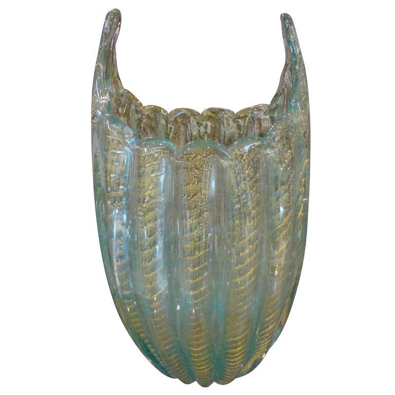 Vase en verre de Murano turquoise et or attribué à Barovier & Toso en vente 1