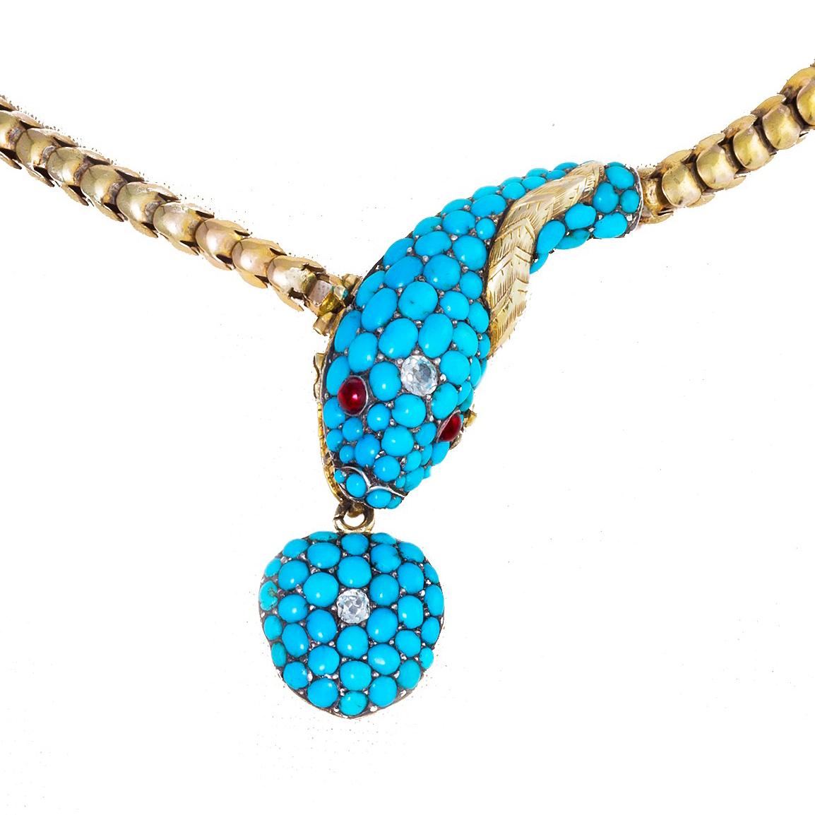 Cabochon Turquoise and Gold Serpent Locket Necklace