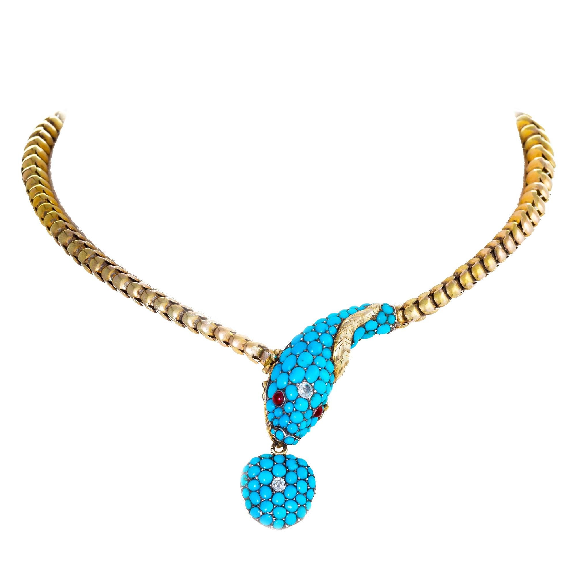 Turquoise and Gold Serpent Locket Necklace