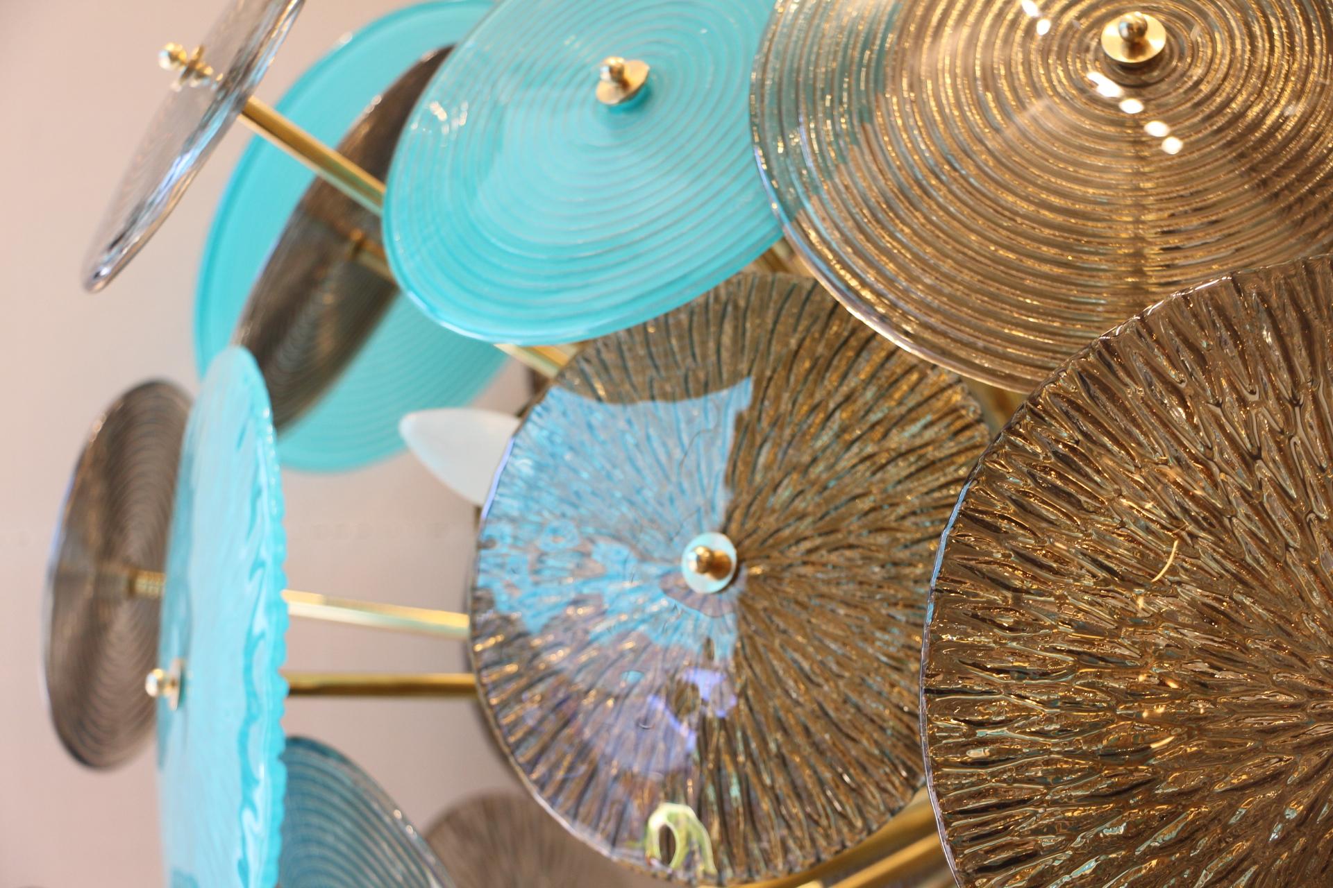 Turquoise and Gold Sputnik Chandelier with Murano Glass Disks 3