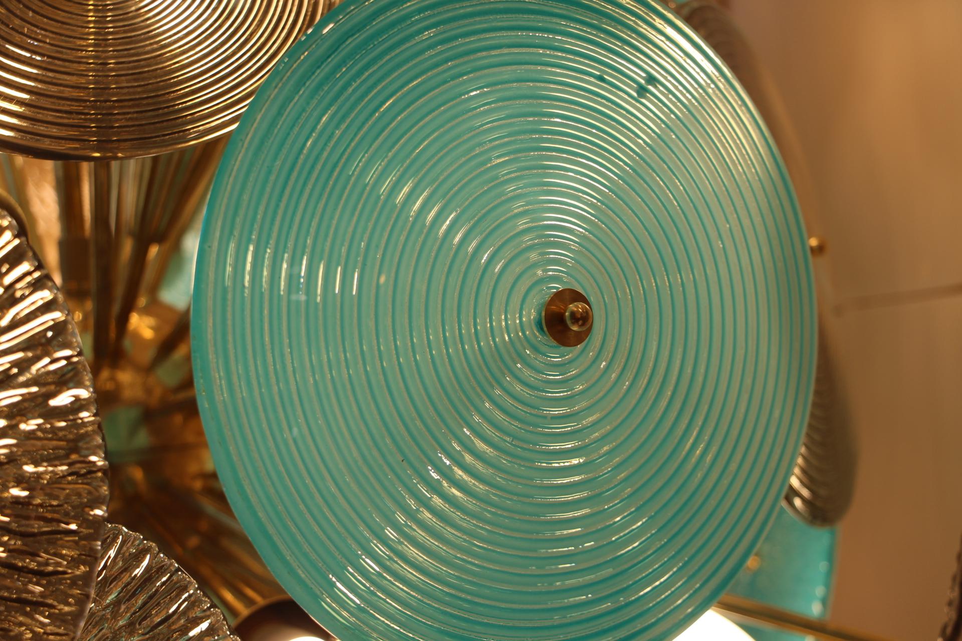 Turquoise and Gold Sputnik Chandelier with Murano Glass Disks 6