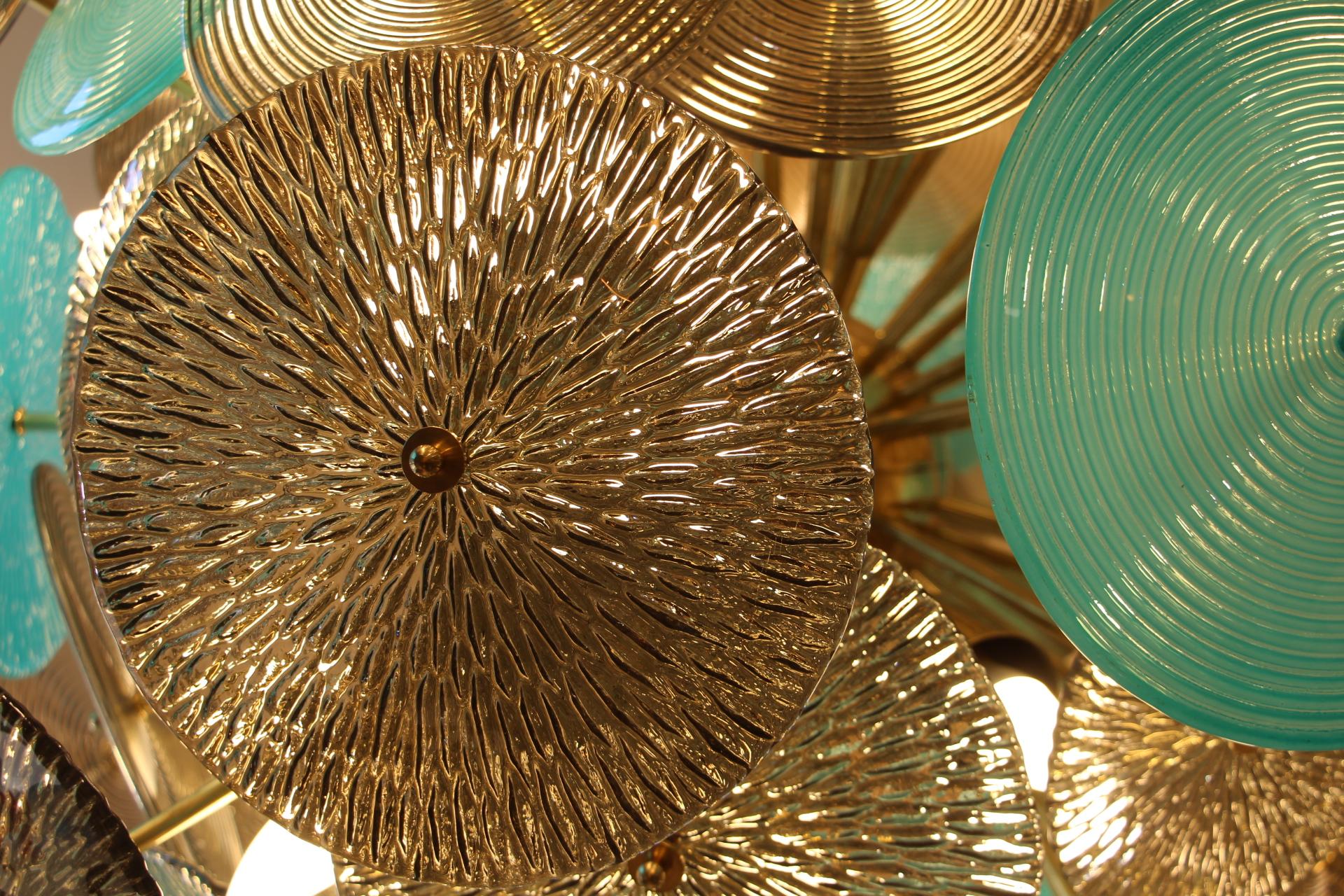 Turquoise and Gold Sputnik Chandelier with Murano Glass Disks 7