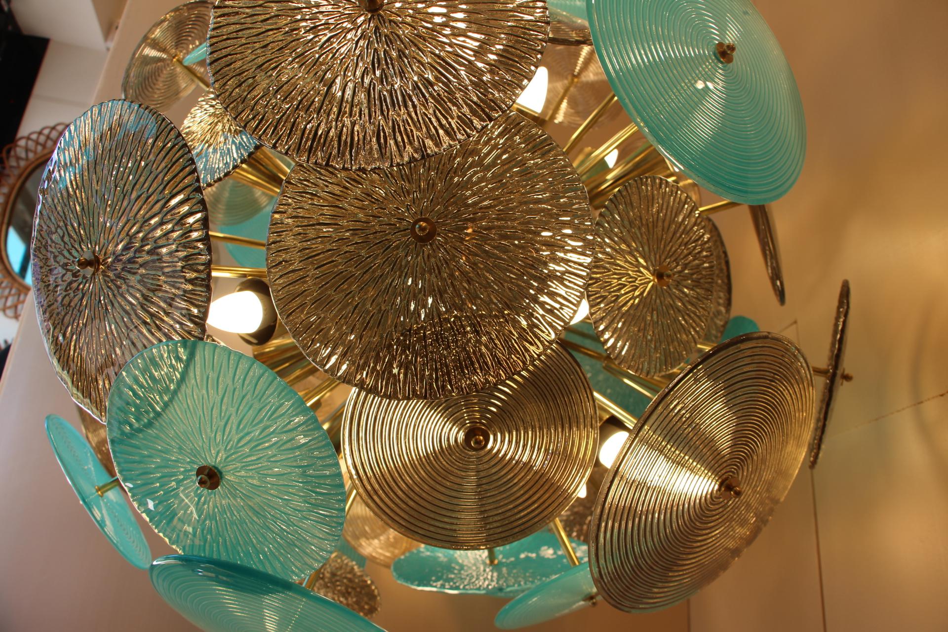 Turquoise and Gold Sputnik Chandelier with Murano Glass Disks 8