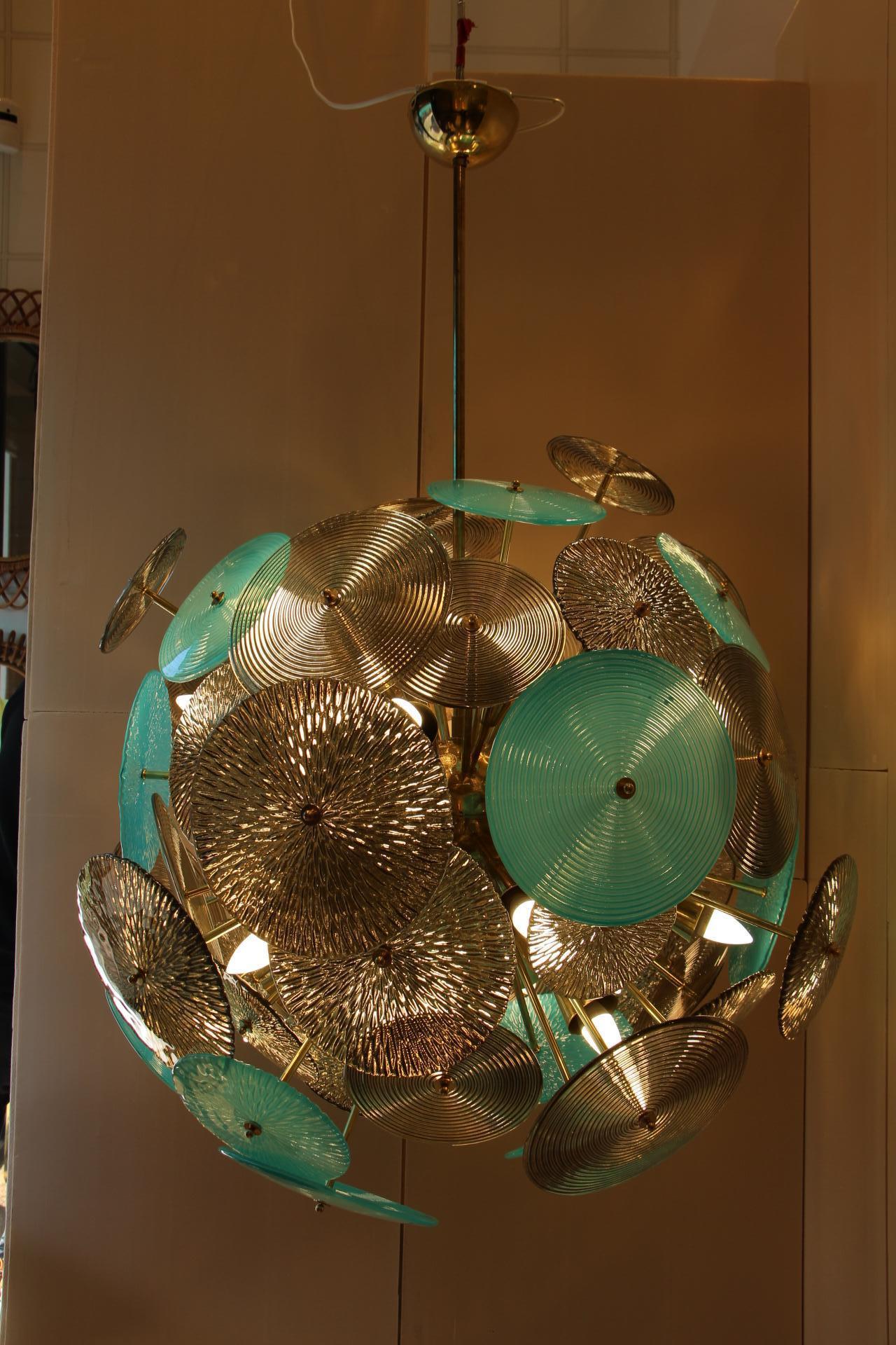 Turquoise and Gold Sputnik Chandelier with Murano Glass Disks 9