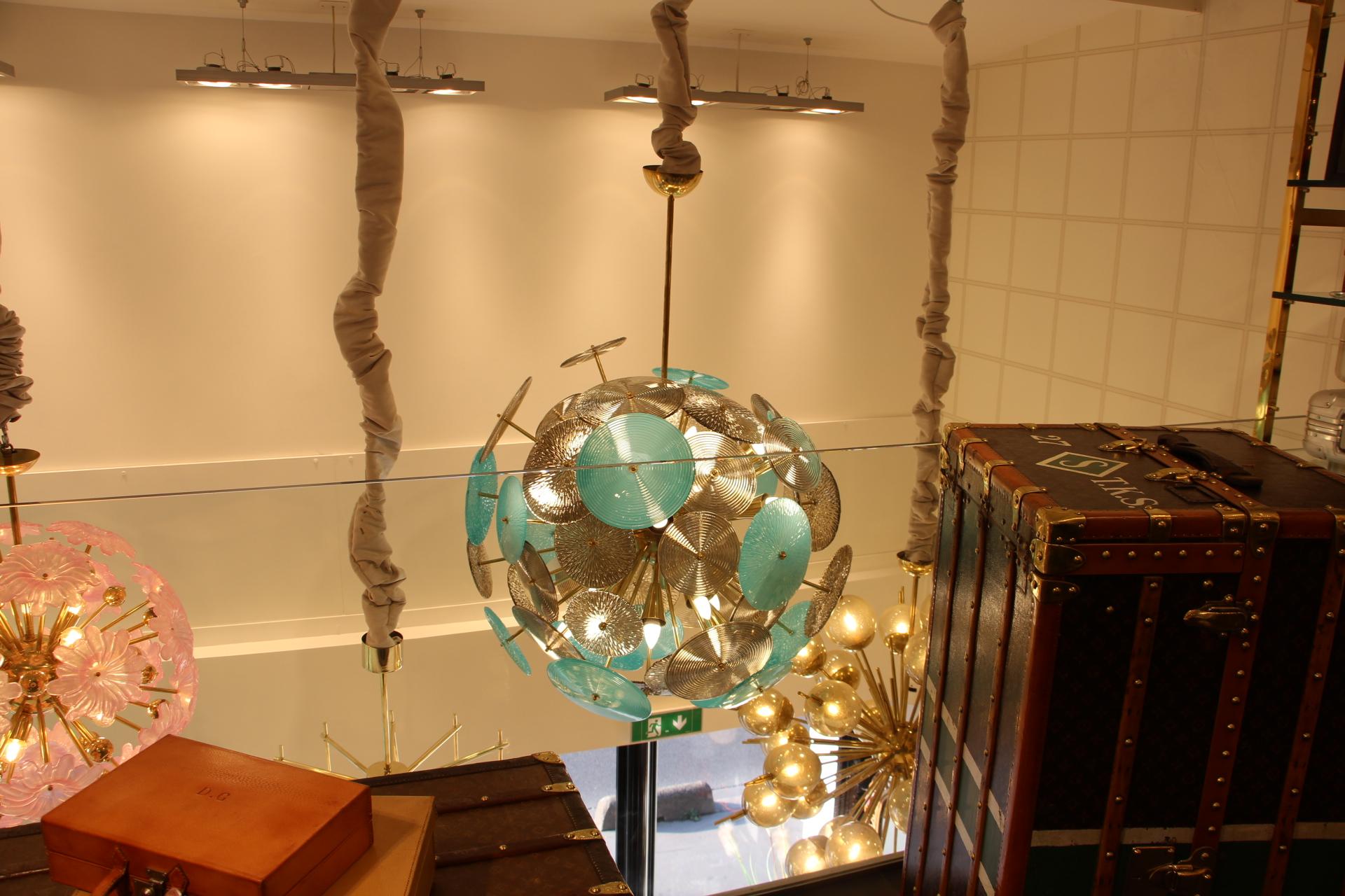 Turquoise and Gold Sputnik Chandelier with Murano Glass Disks 12