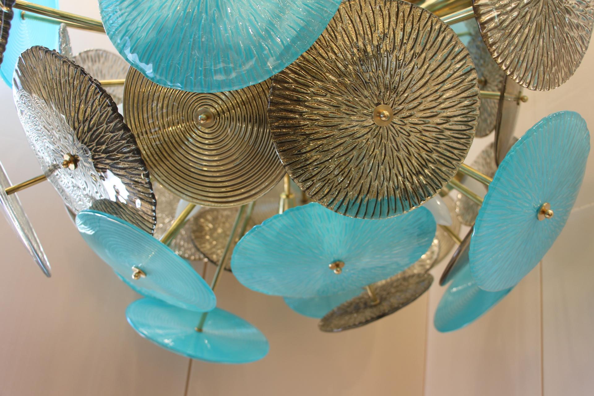 Late 20th Century Turquoise and Gold Sputnik Chandelier with Murano Glass Disks