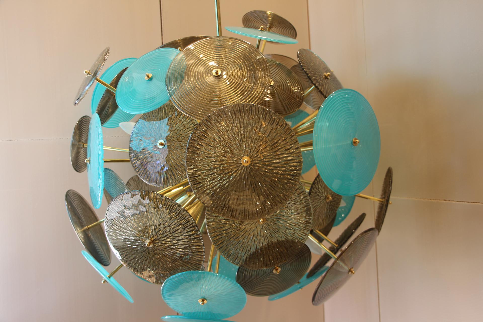Brass Turquoise and Gold Sputnik Chandelier with Murano Glass Disks
