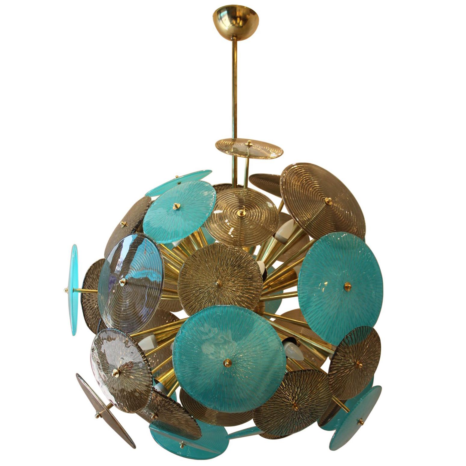 Turquoise and Gold Sputnik Chandelier with Murano Glass Disks