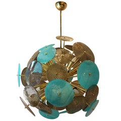 Turquoise and Gold Sputnik Chandelier with Murano Glass Disks