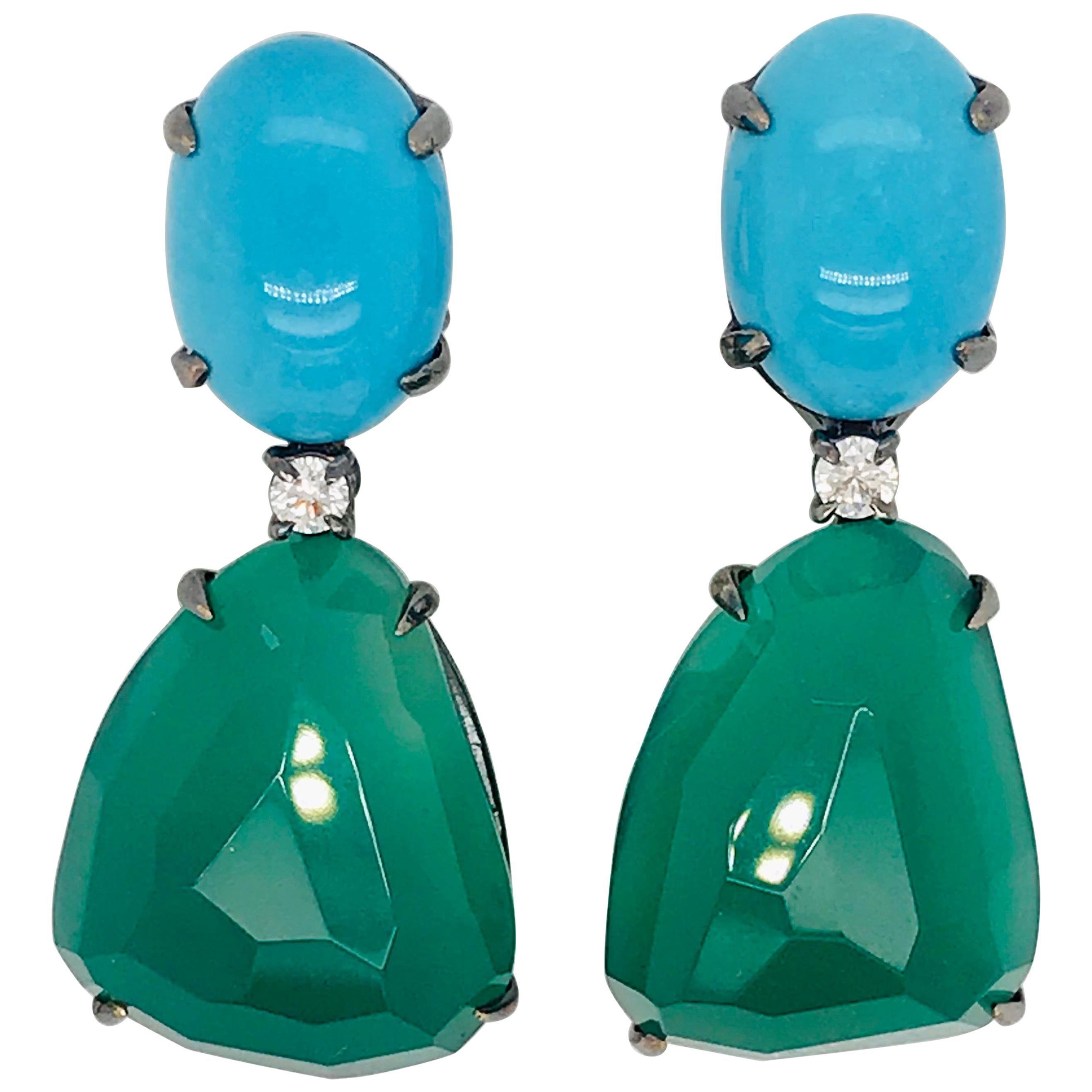 Turquoise and Green Agathe Diamonds with Black Gold 18 Karat Chandelier Earrings