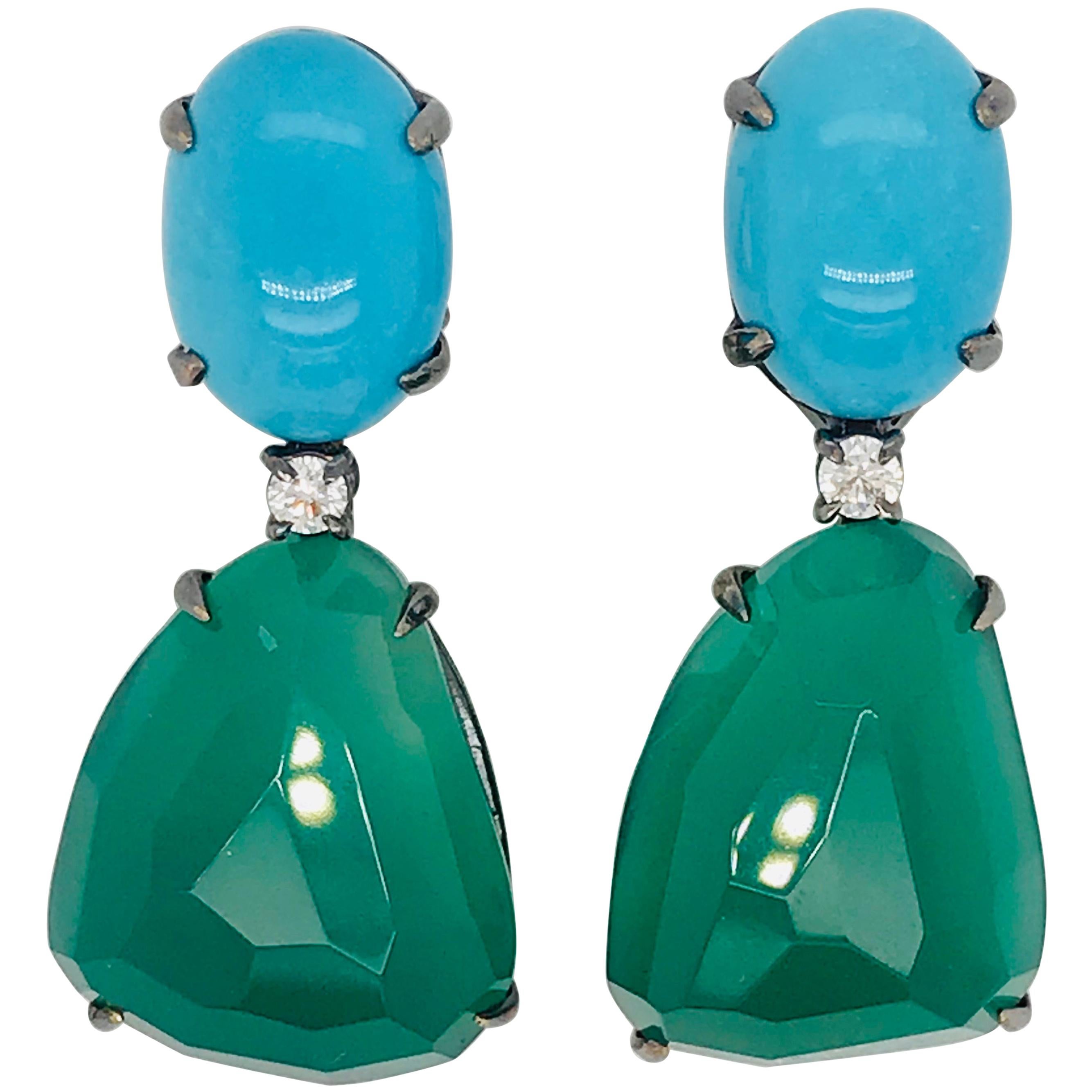 Turquoise and Green Agathe Diamonds with Black Gold 18 Karat Chandelier Earrings