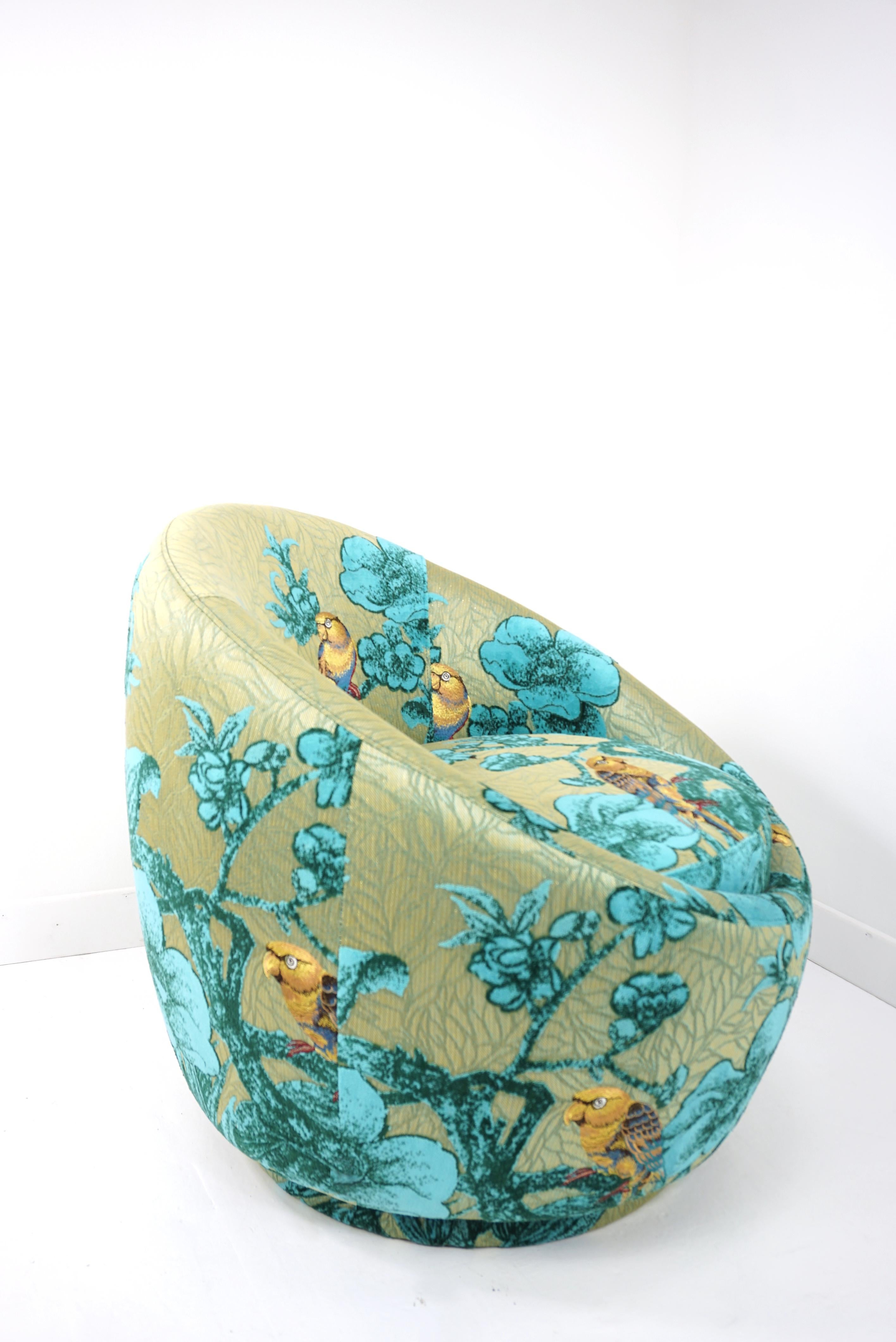 Unknown Turquoise and Green Velvet and Fabric with Gold Touch Swivel Armchair For Sale