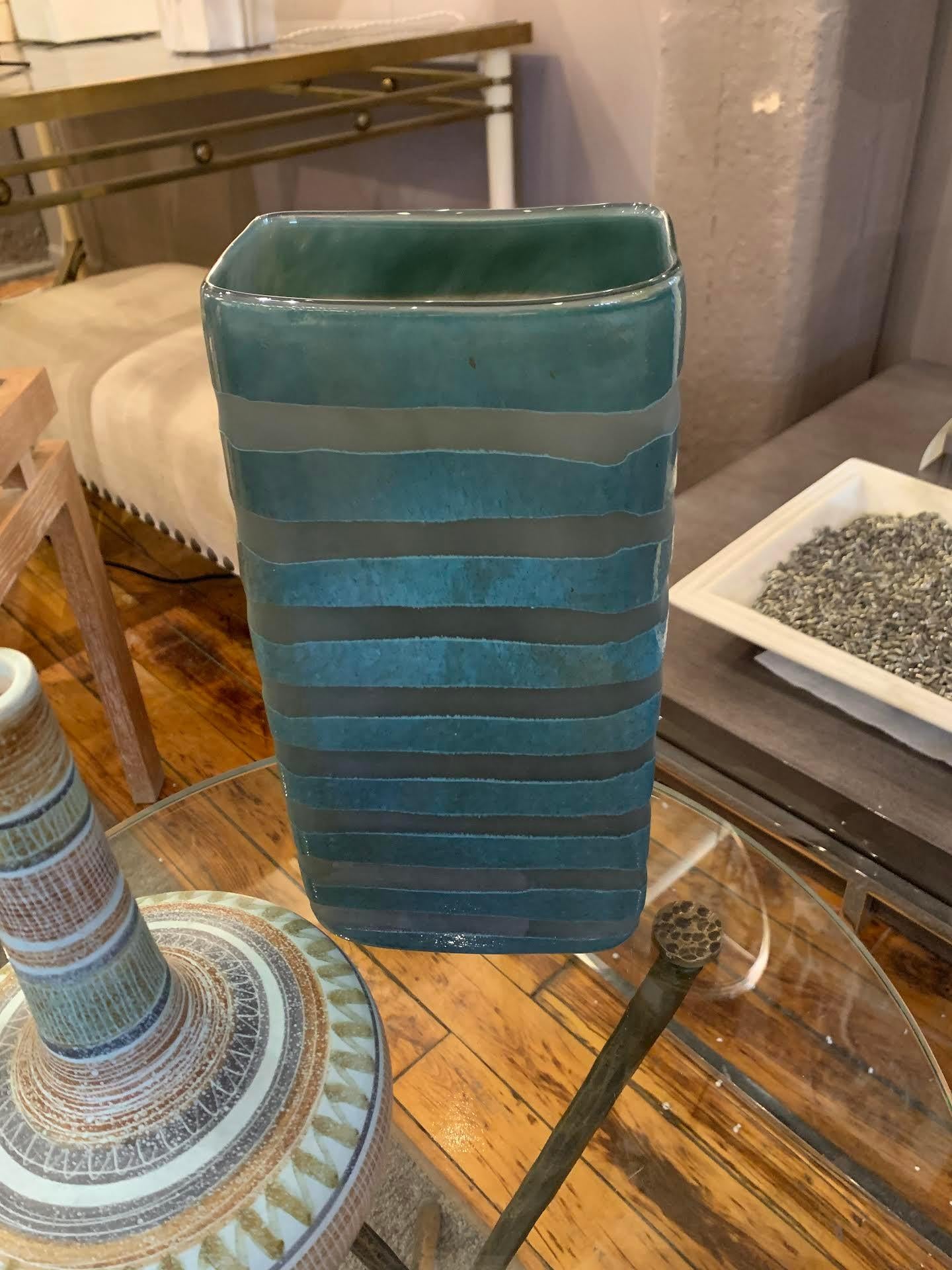 Turquoise and Grey Glass Rectangular Shape Glass Vase, Romania, Contemporary 2