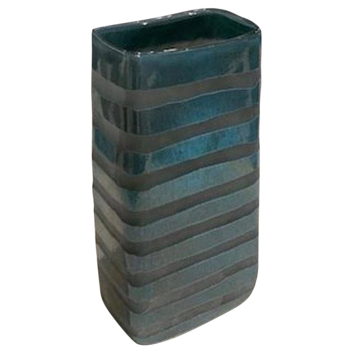 Turquoise and Grey Glass Rectangular Shape Glass Vase, Romania, Contemporary