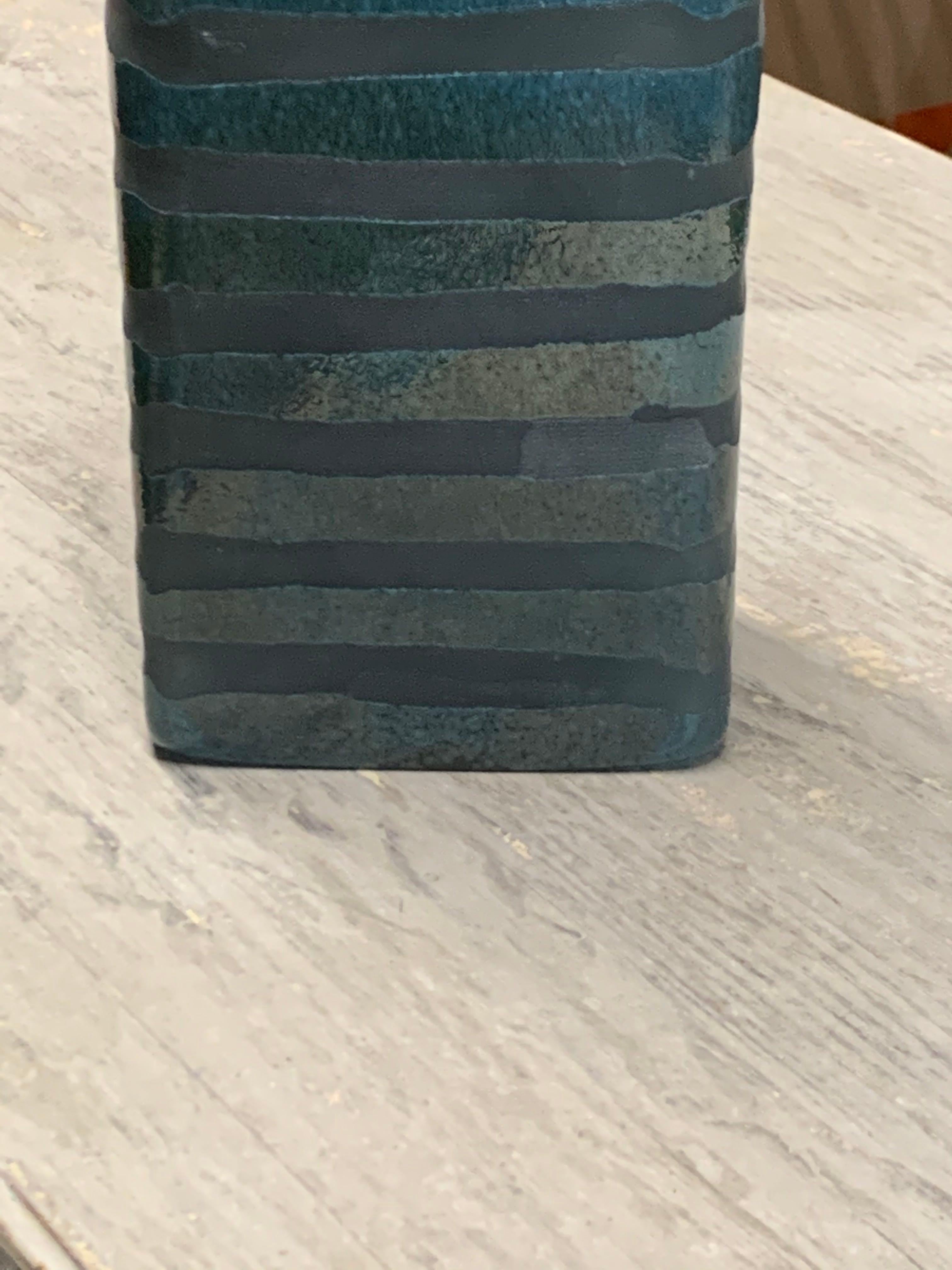 Romanian Turquoise and Grey Striped Rectangular Shape Glass Vase, Romania, Contemporary For Sale