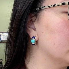 Turquoise and Lapis Lazuli Diamond Earrings 14k Yellow Gold 1990's