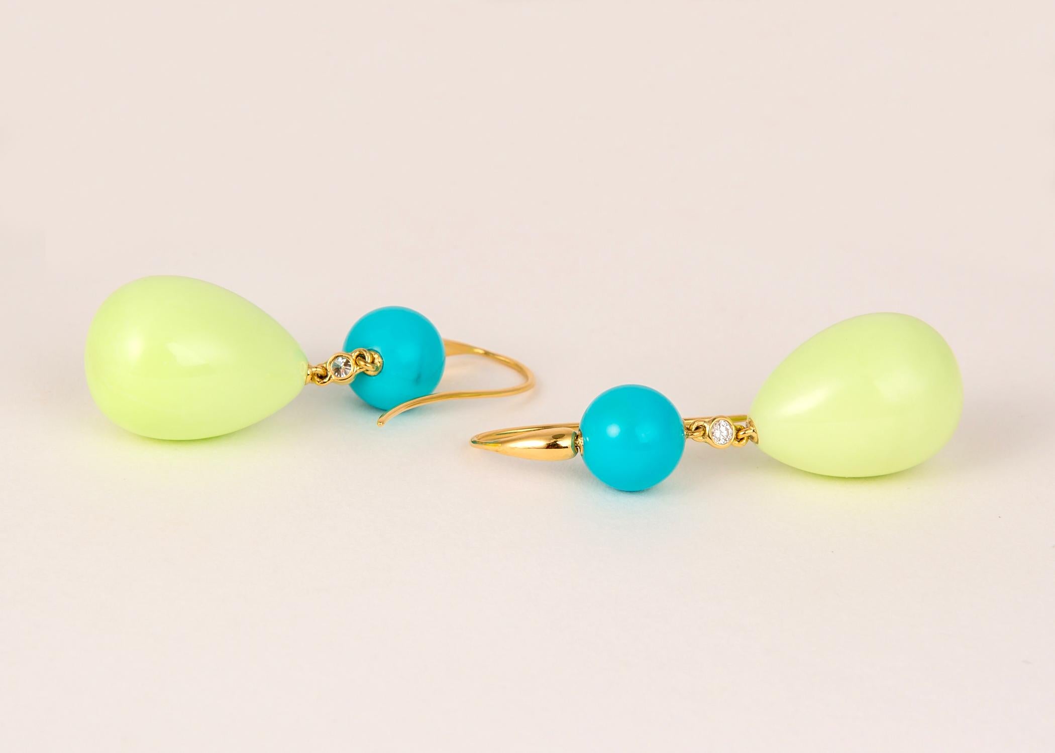 This one of a kind earring features the great color combination of turquoise and lemon chrysoprase and a single brilliant cut diamond all in handmade 18k mountings. 2 inches in length.