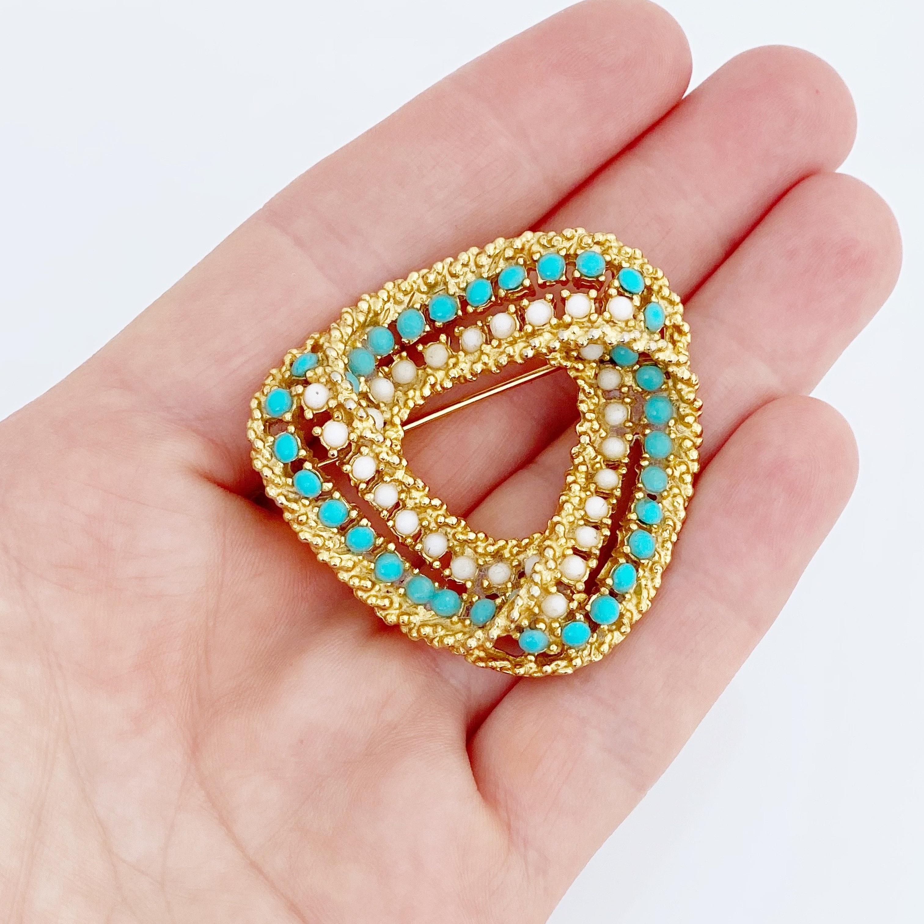 Women's Turquoise and Milk Glass Cabochon Brooch By Hattie Carnegie, 1960s