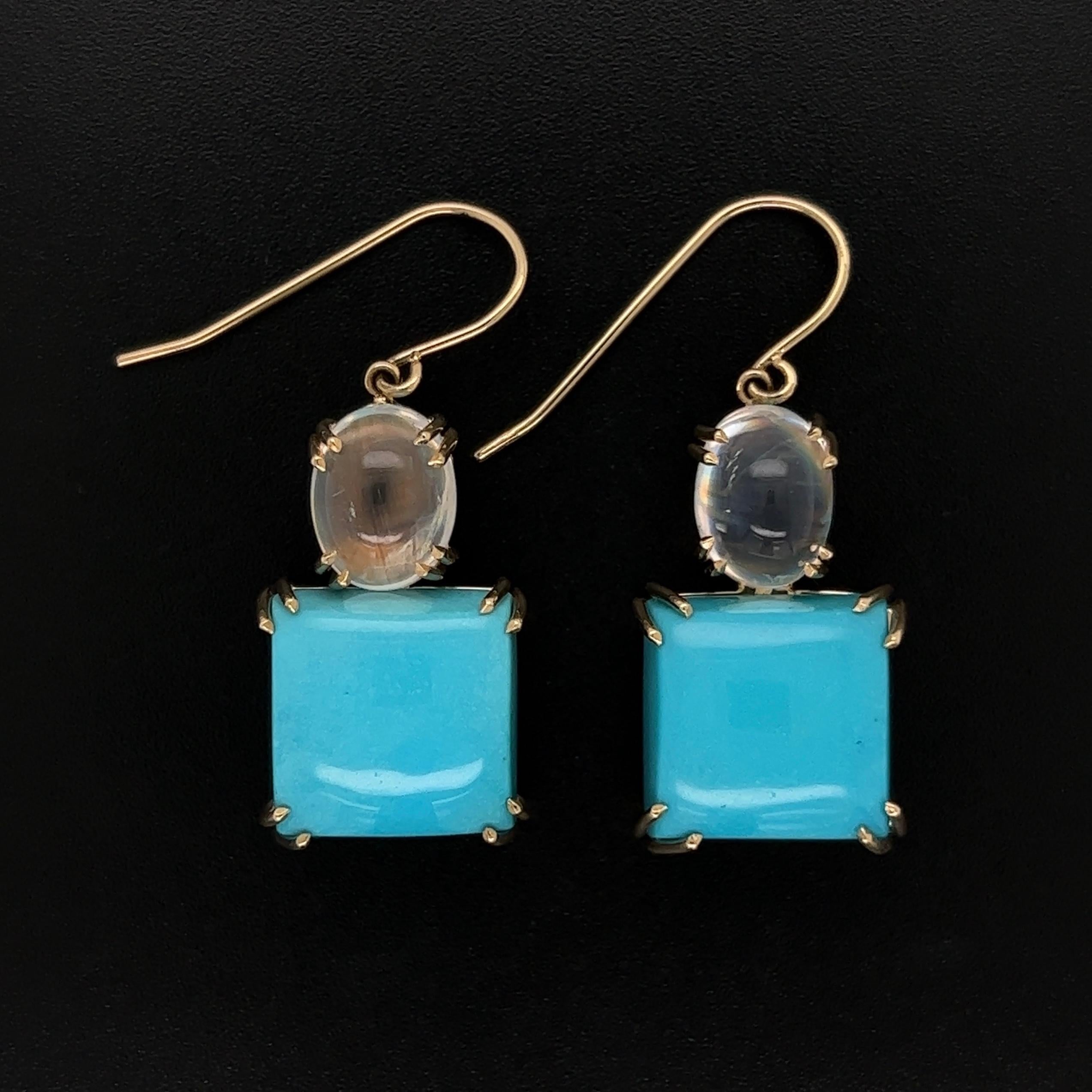 Simply Beautiful! Finely detailed 12.70tcw Square Turquoise and 1.55tcw Moonstone Dangle Earrings. Hand crafted in 14K Gold mounting. These Simple and Classic Stylish earrings, epitomize vintage charm. In excellent condition, recently professionally