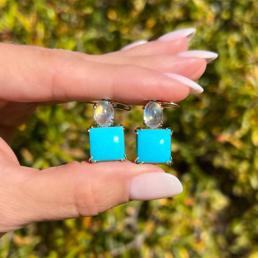 Contemporary Turquoise and Moonstone Gold Drop Earrings For Sale
