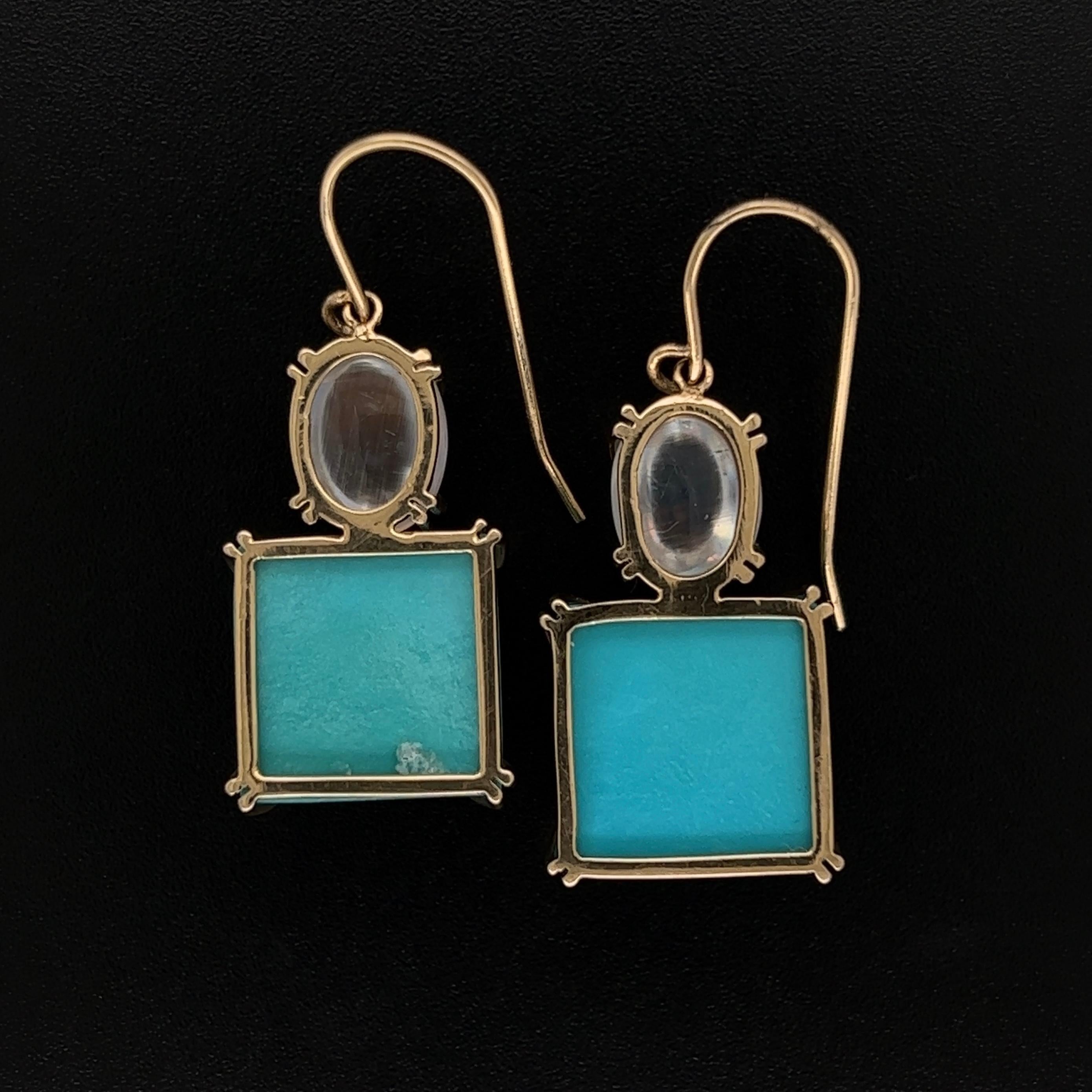 Mixed Cut Turquoise and Moonstone Gold Drop Earrings For Sale