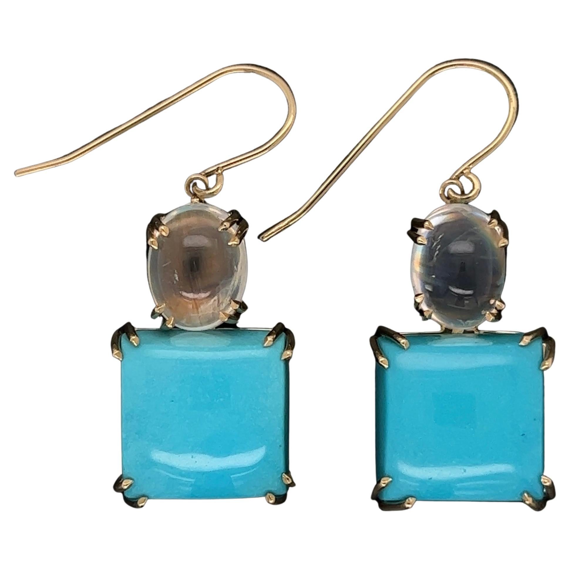 Turquoise and Moonstone Gold Drop Earrings
