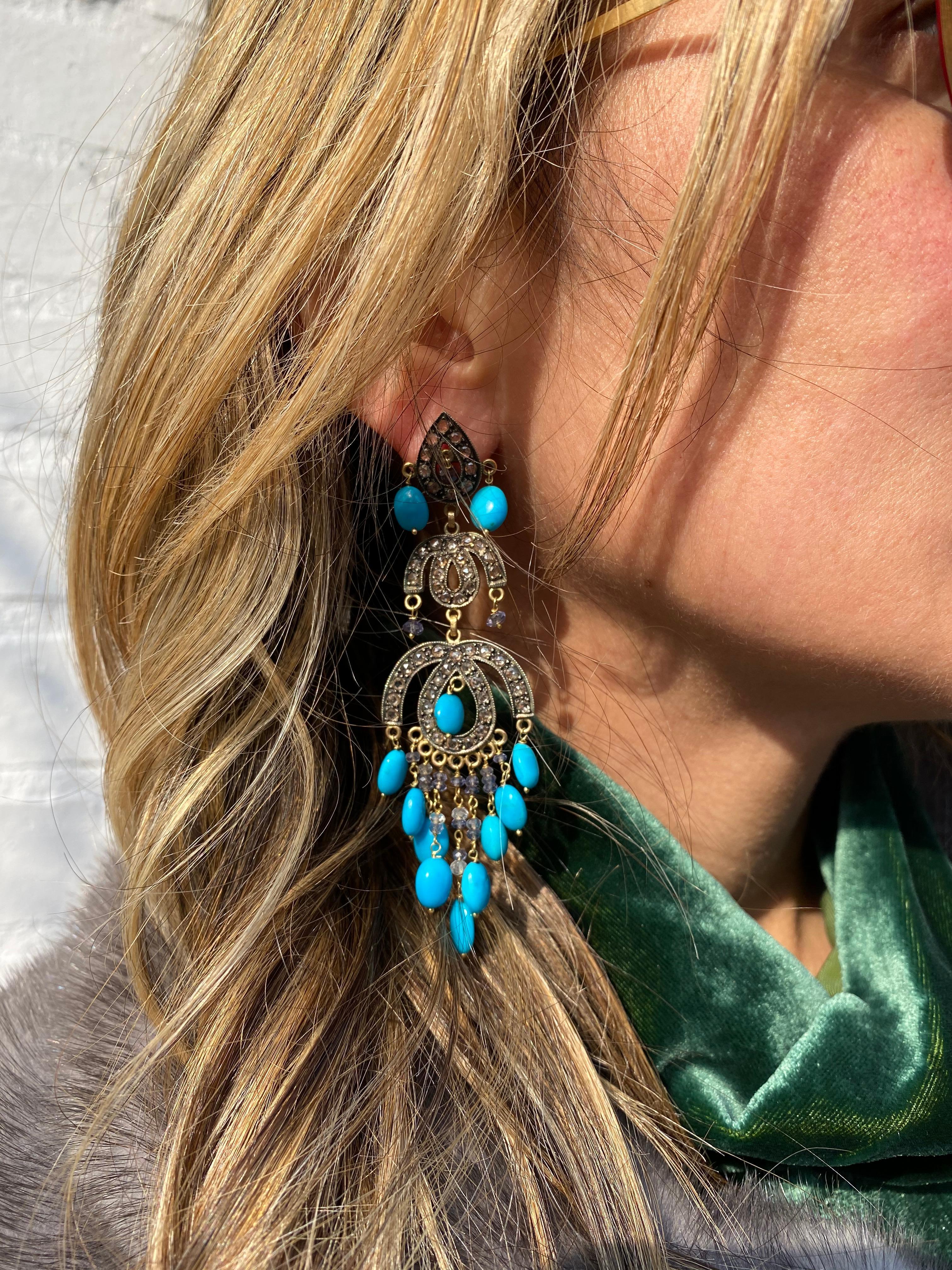 Boucles d'oreilles en turquoise et diamant taille ancienne Neuf - En vente à London, GB