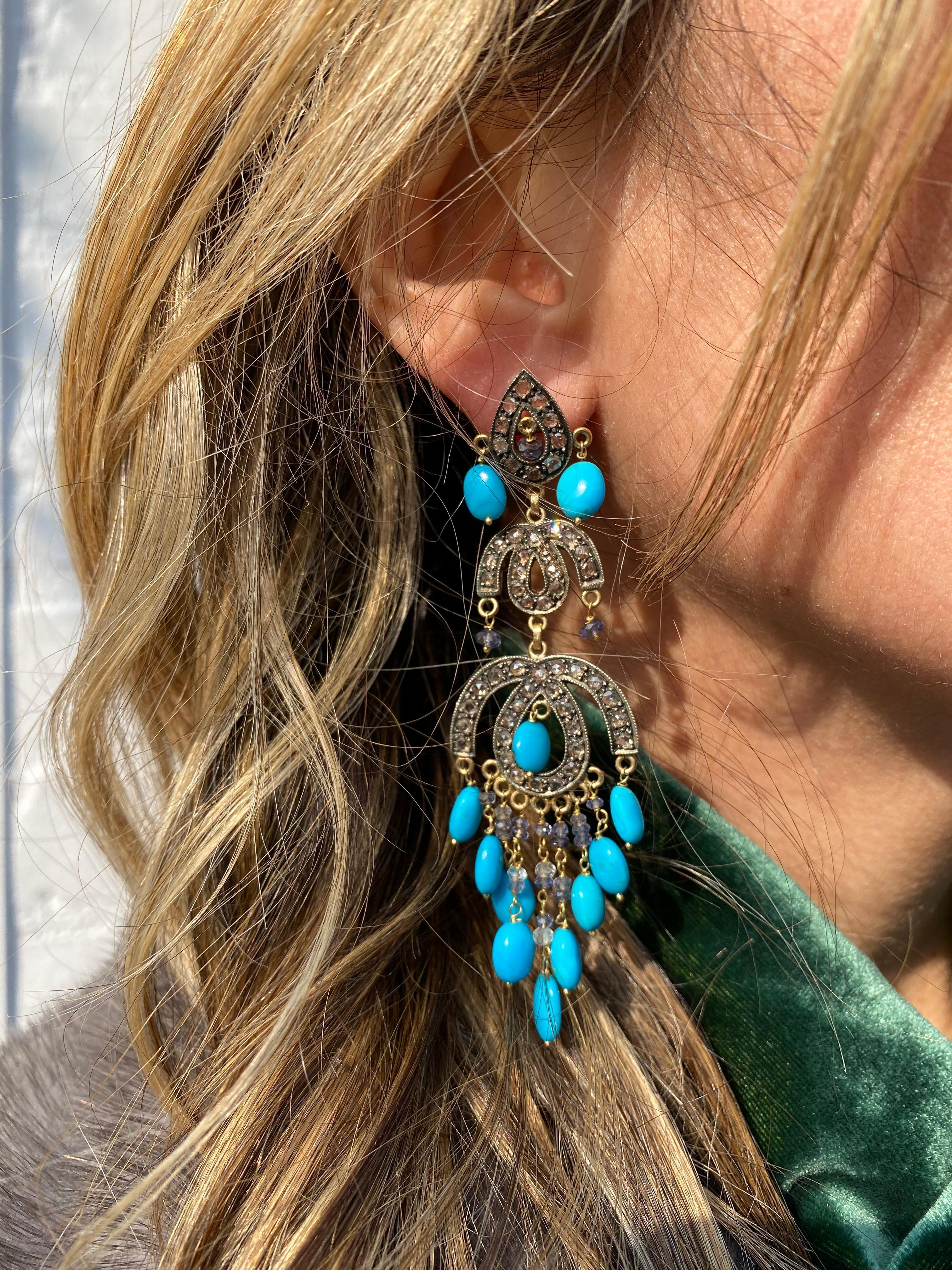 Boucles d'oreilles en turquoise et diamant taille ancienne Unisexe en vente