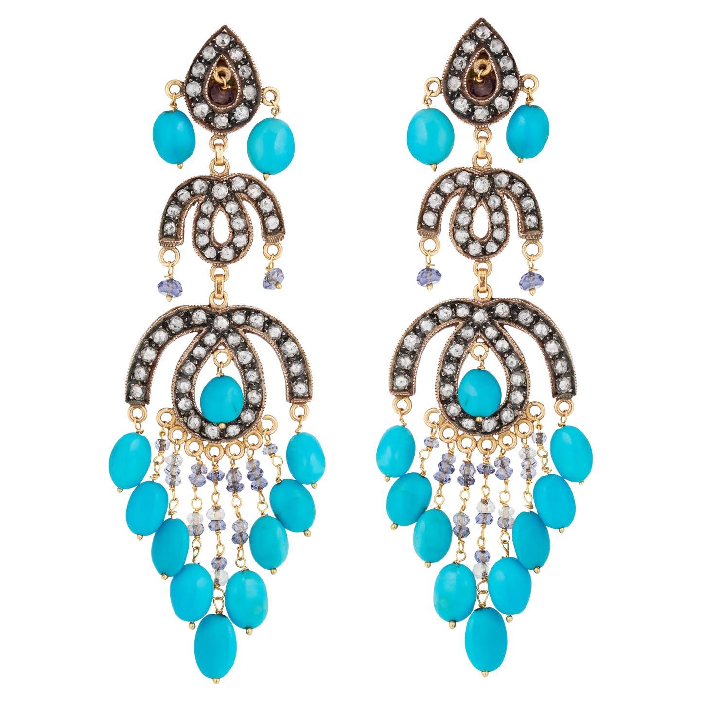 Boucles d'oreilles en turquoise et diamant taille ancienne en vente