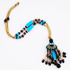 Turquoise and Onyx Beaded Tassel Statement Necklace By Lawrence Vrba, 1970s