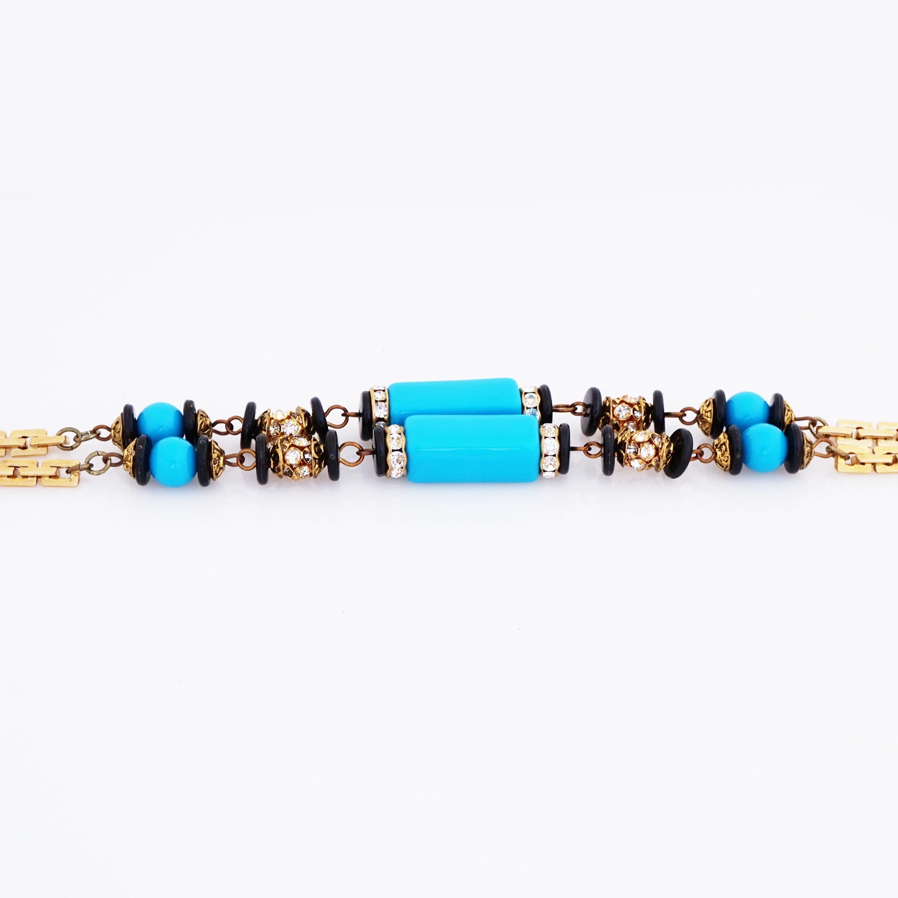 Modern Turquoise and Onyx Beaded Tassel Statement Necklace By Lawrence Vrba, 1970s For Sale