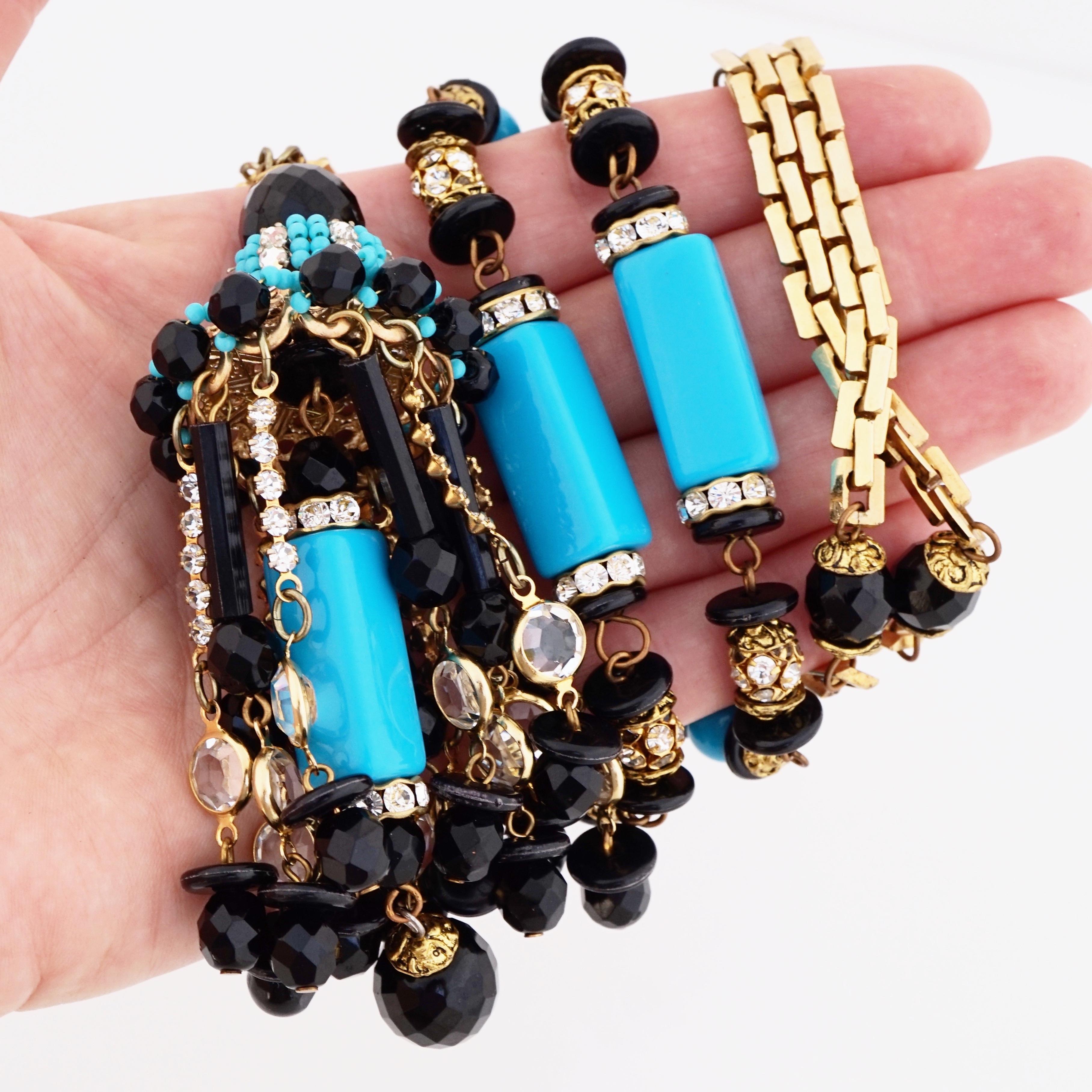 Turquoise and Onyx Beaded Tassel Statement Necklace By Lawrence Vrba, 1970s For Sale 1