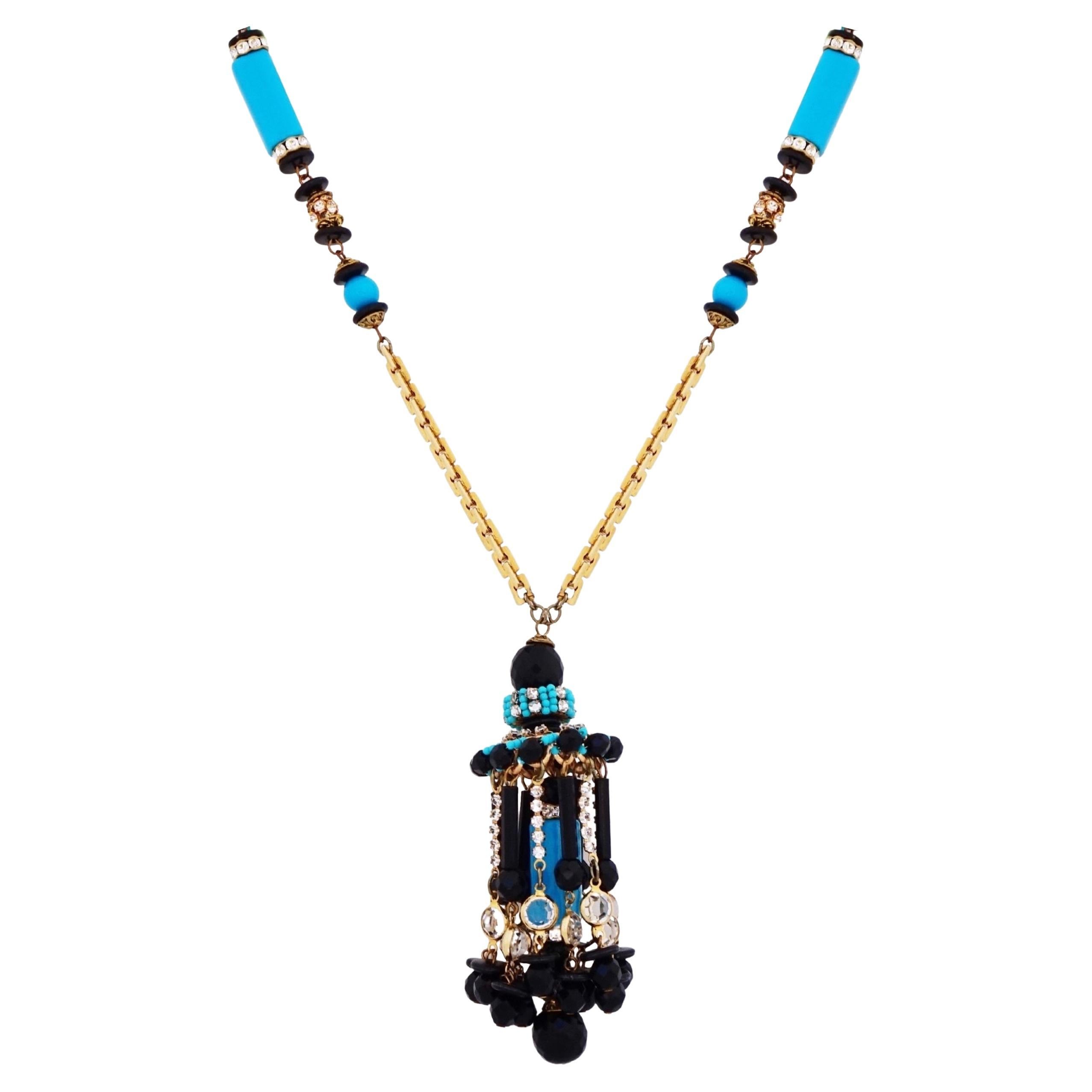 Turquoise and Onyx Beaded Tassel Statement Necklace By Lawrence Vrba, 1970s For Sale