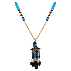 Antique Turquoise and Onyx Beaded Tassel Statement Necklace By Lawrence Vrba, 1970s