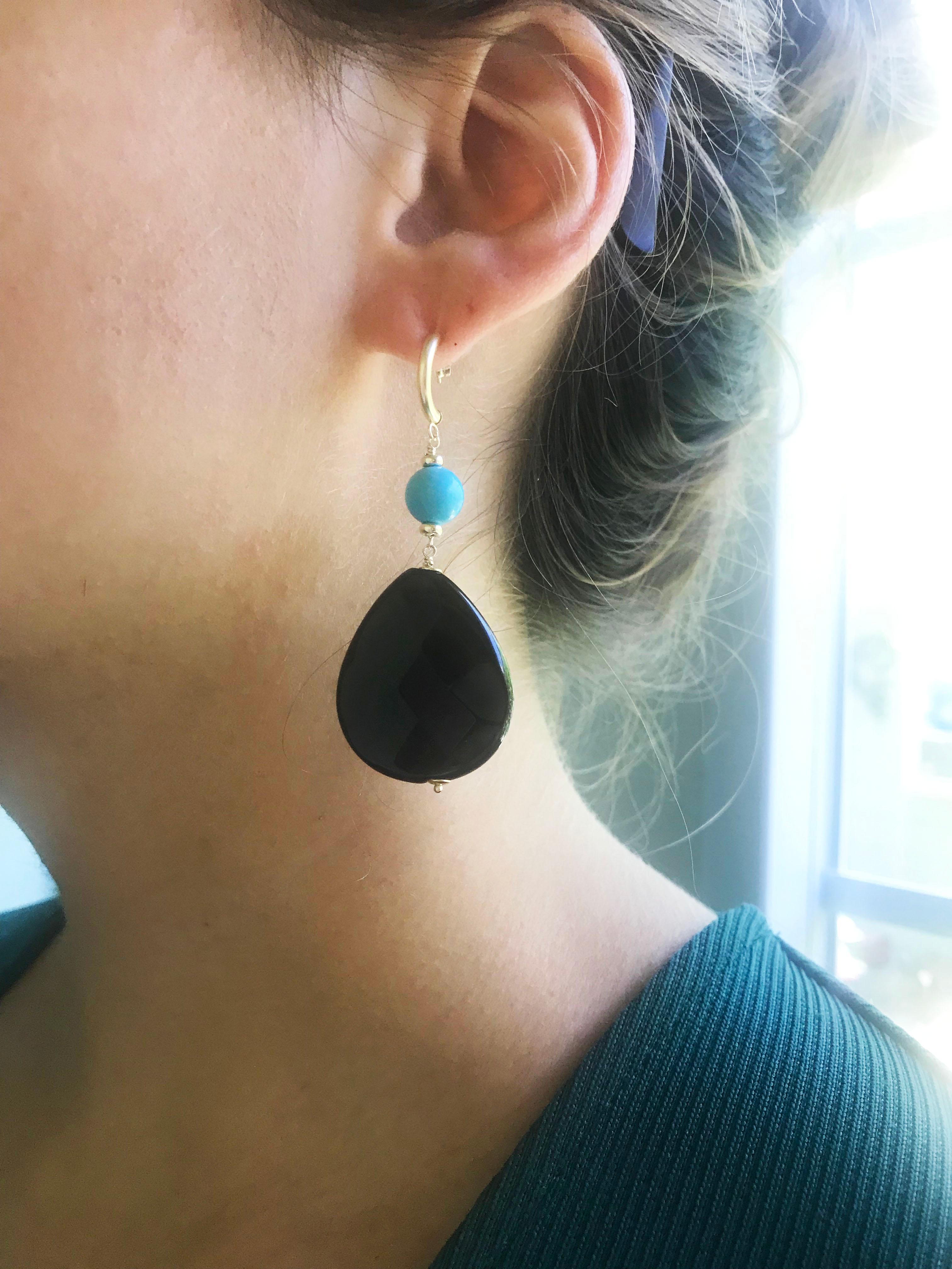 Marina J Turquoise and Onyx Earrings with 14 Karat Yellow Gold ear Studs In New Condition In Los Angeles, CA