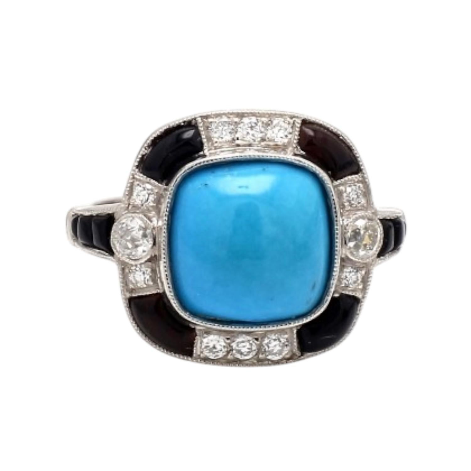 Anello in platino con turchese e diamanti

Questo sorprendente anello in platino mette in mostra un vibrante turchese blu come elemento centrale. Il design è impreziosito da diamanti bianchi per un totale di 0,2 carati. L'anello, che pesa 6,2