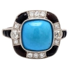 Anello con turchese e onice e diamanti Old Mine Cut