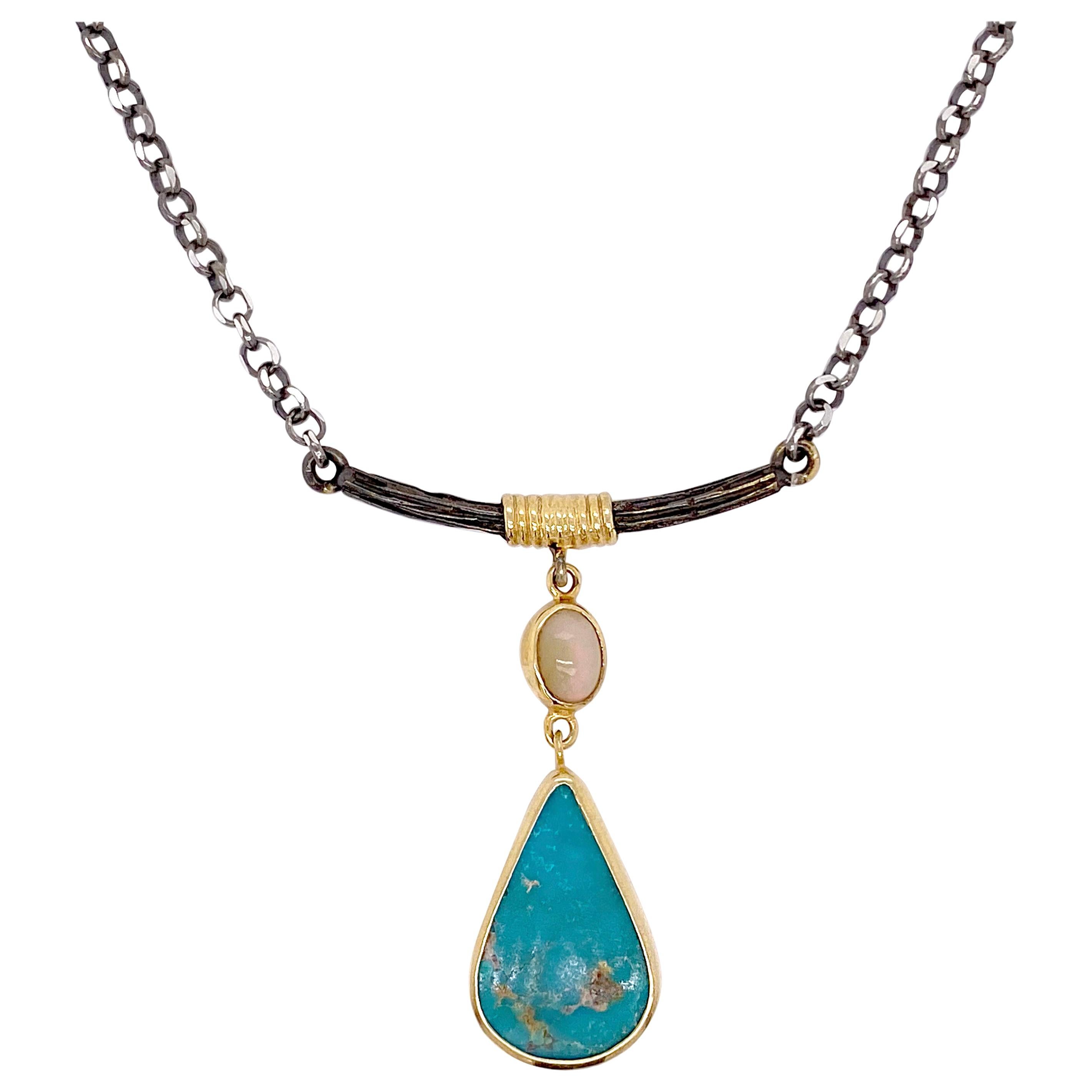 Turquoise and Opal Bar Necklace, Mixed Metal, Handmade Cable Neck Chain