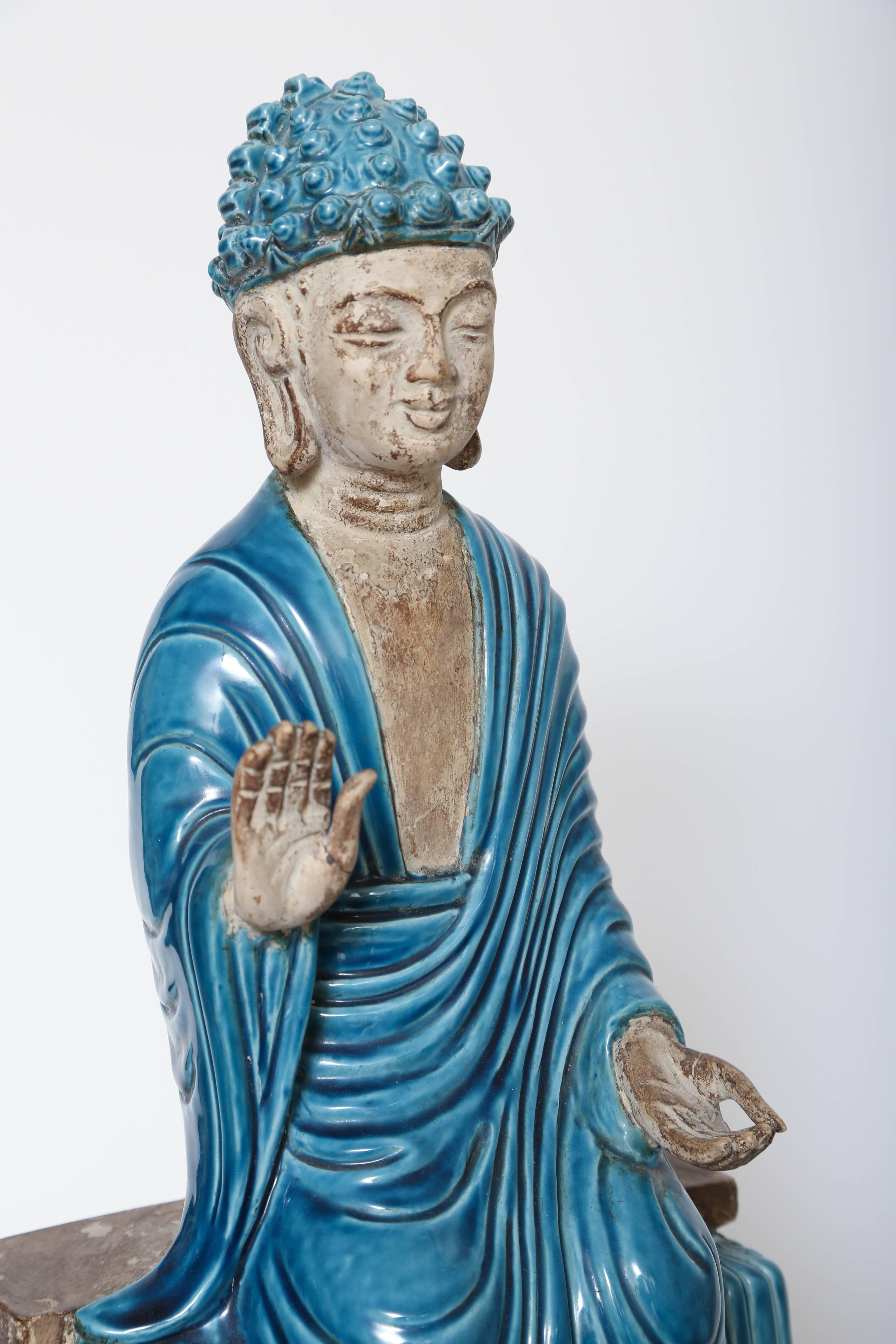 Asian Turquoise and Parcel-Gilt Terracotta Buddha on Stand For Sale