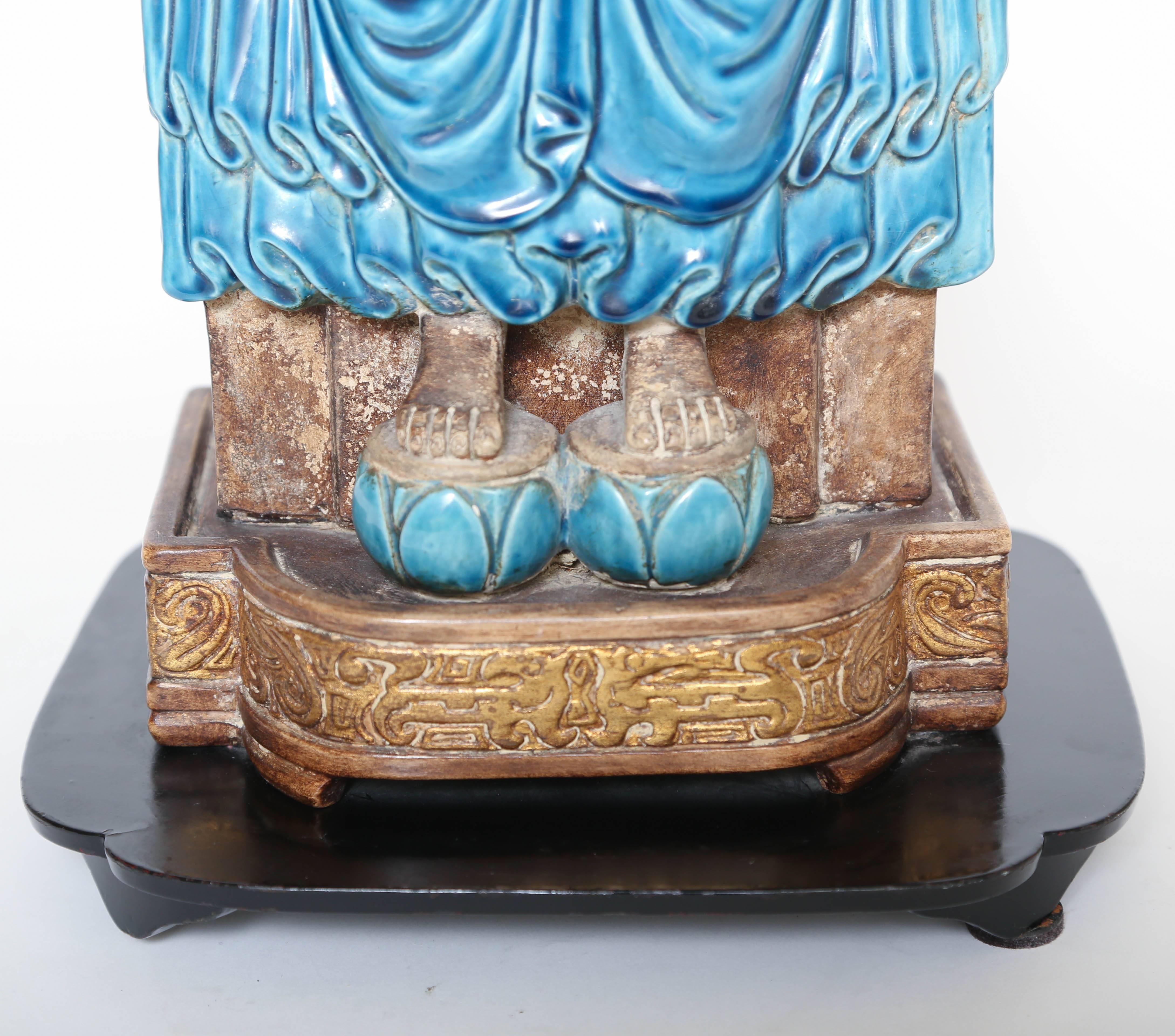 Glazed Turquoise and Parcel-Gilt Terracotta Buddha on Stand For Sale