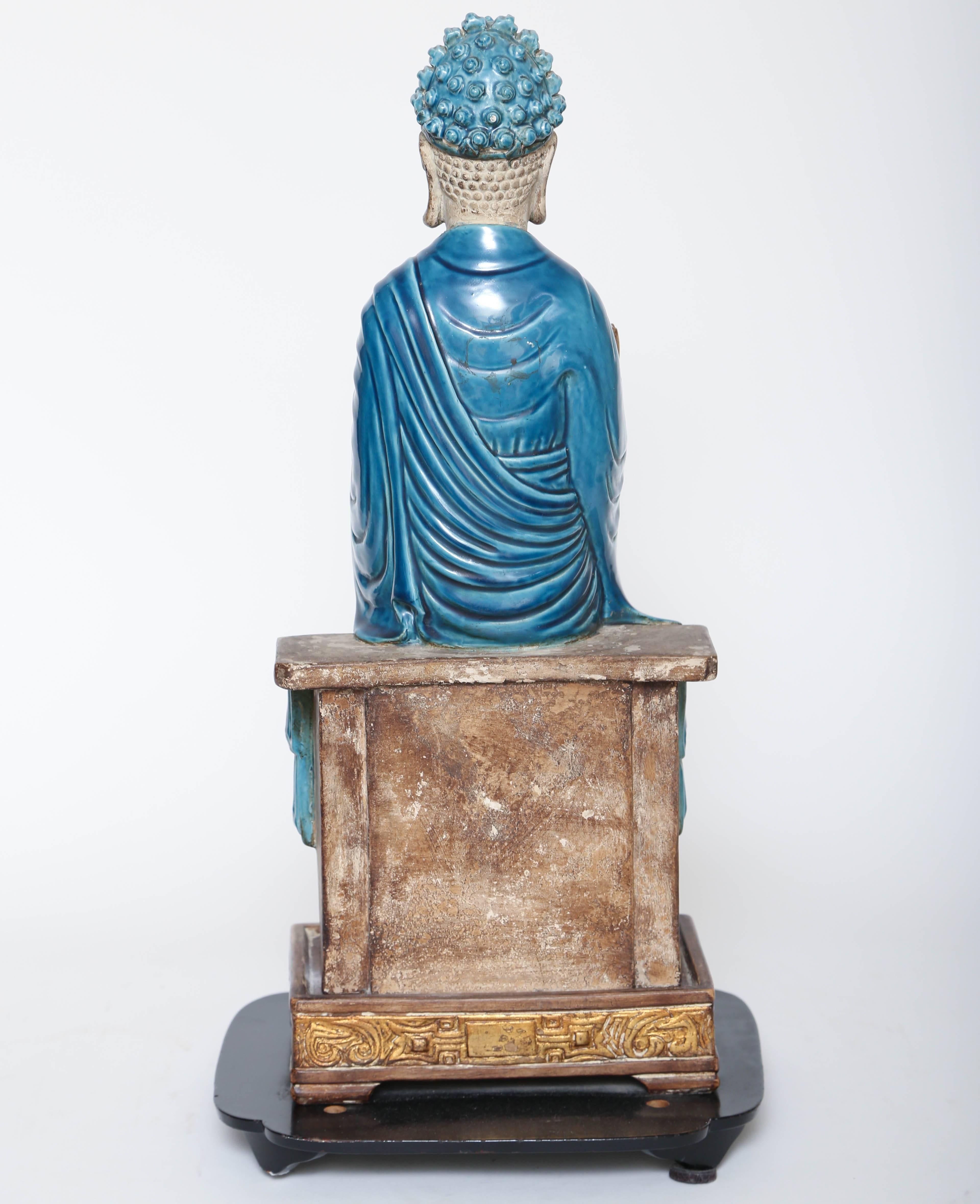 19th Century Turquoise and Parcel-Gilt Terracotta Buddha on Stand For Sale